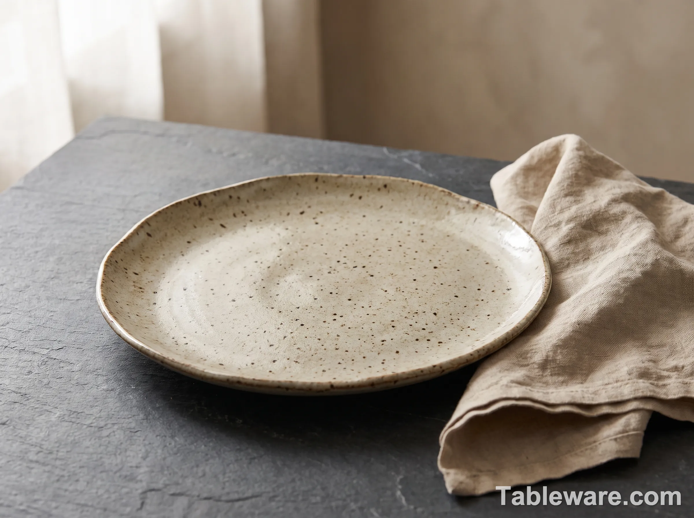 A wide shallow hand-thrown stoneware plate in oatmeal glaze with darker iron specks, set on a slate surface next to a folded linen napkin, restaurant table setting