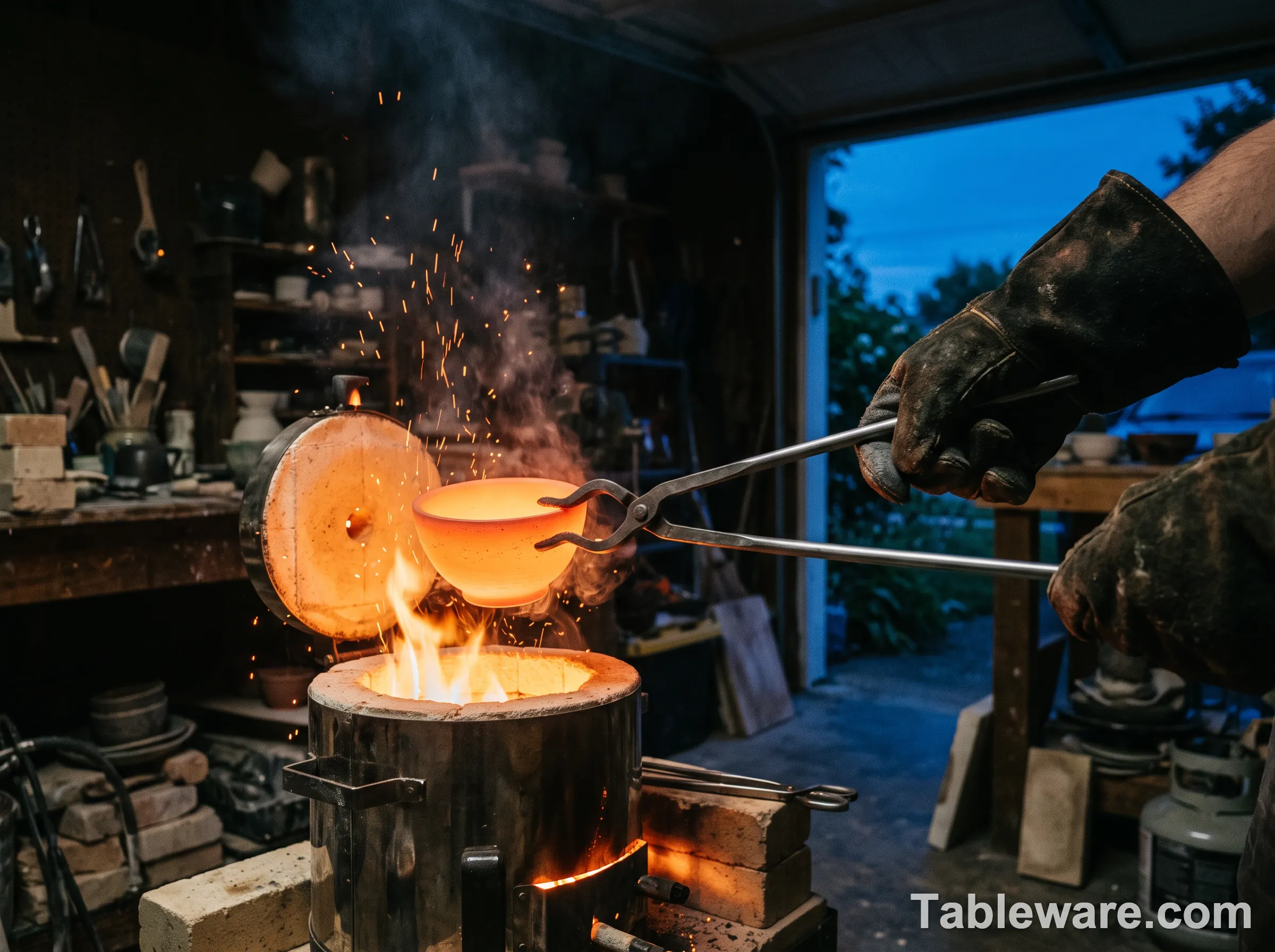 A glowing raku bowl being pulled from a portable propane kiln with fireplace tongs