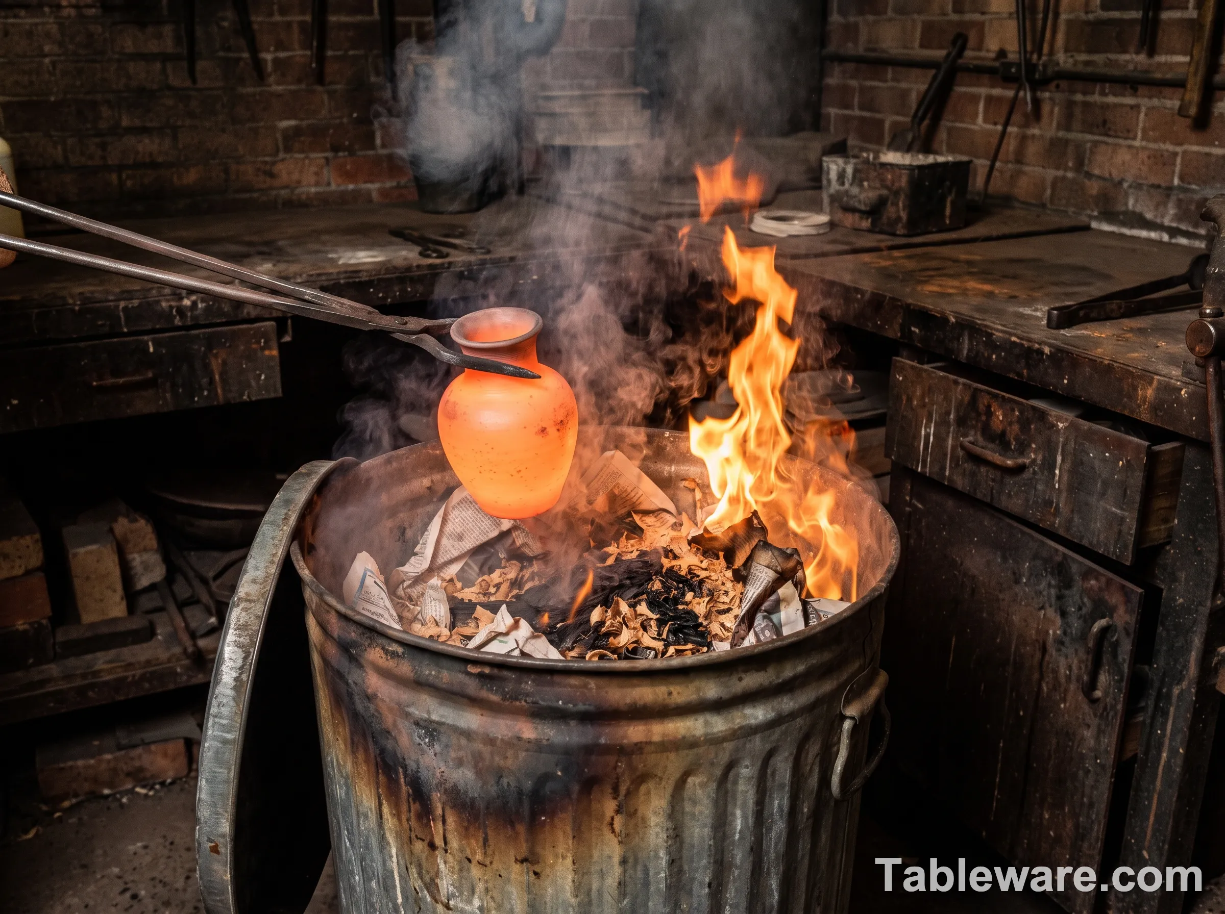 Hot raku piece being dropped into a metal garbage can full of newspaper, smoke and flames erupting