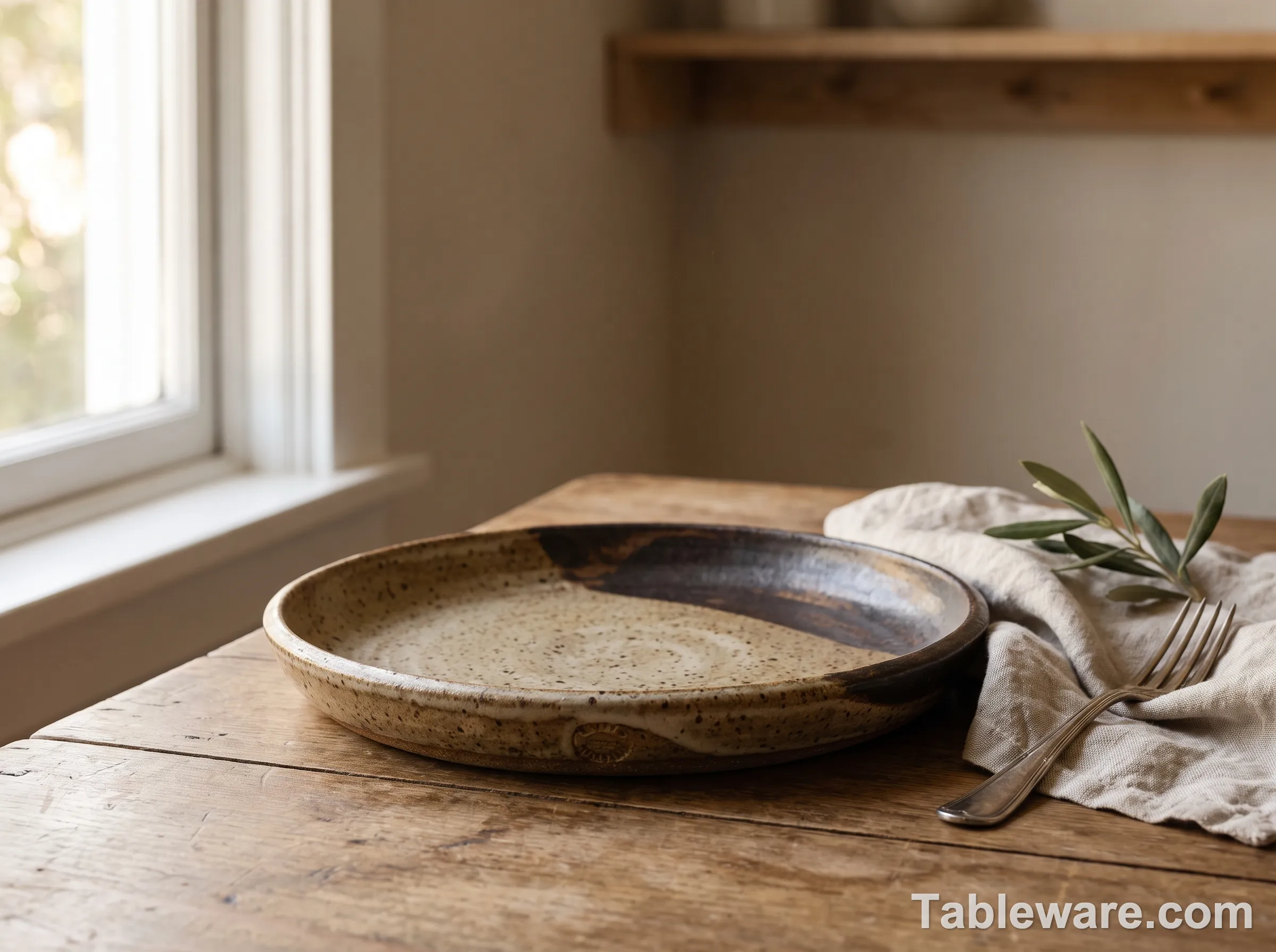 Handmade studio pottery dinner plates on a wood table, soft warm light, neutral background