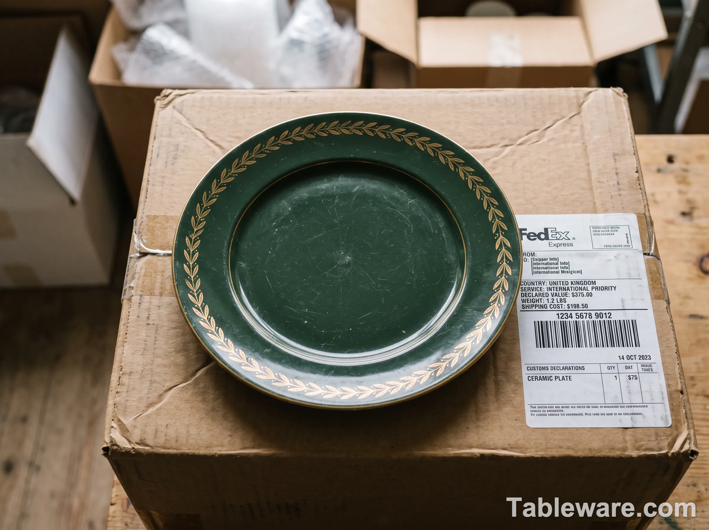 A discontinued dinnerware plate being unwrapped from international shipping packaging, single plate on plain cardboard