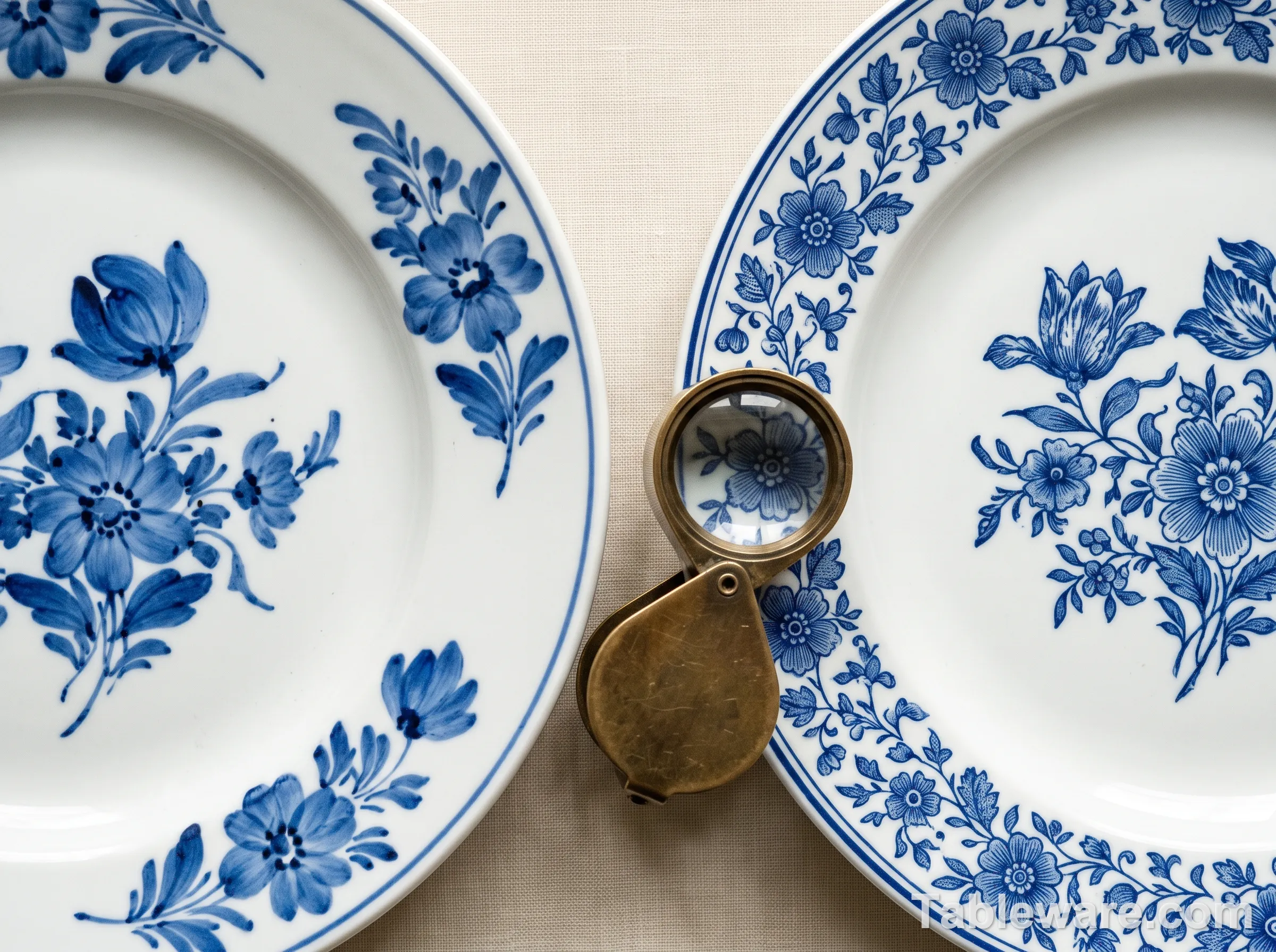 Side-by-side: a hand-painted plate and a decal plate with a loupe pointing at the decal