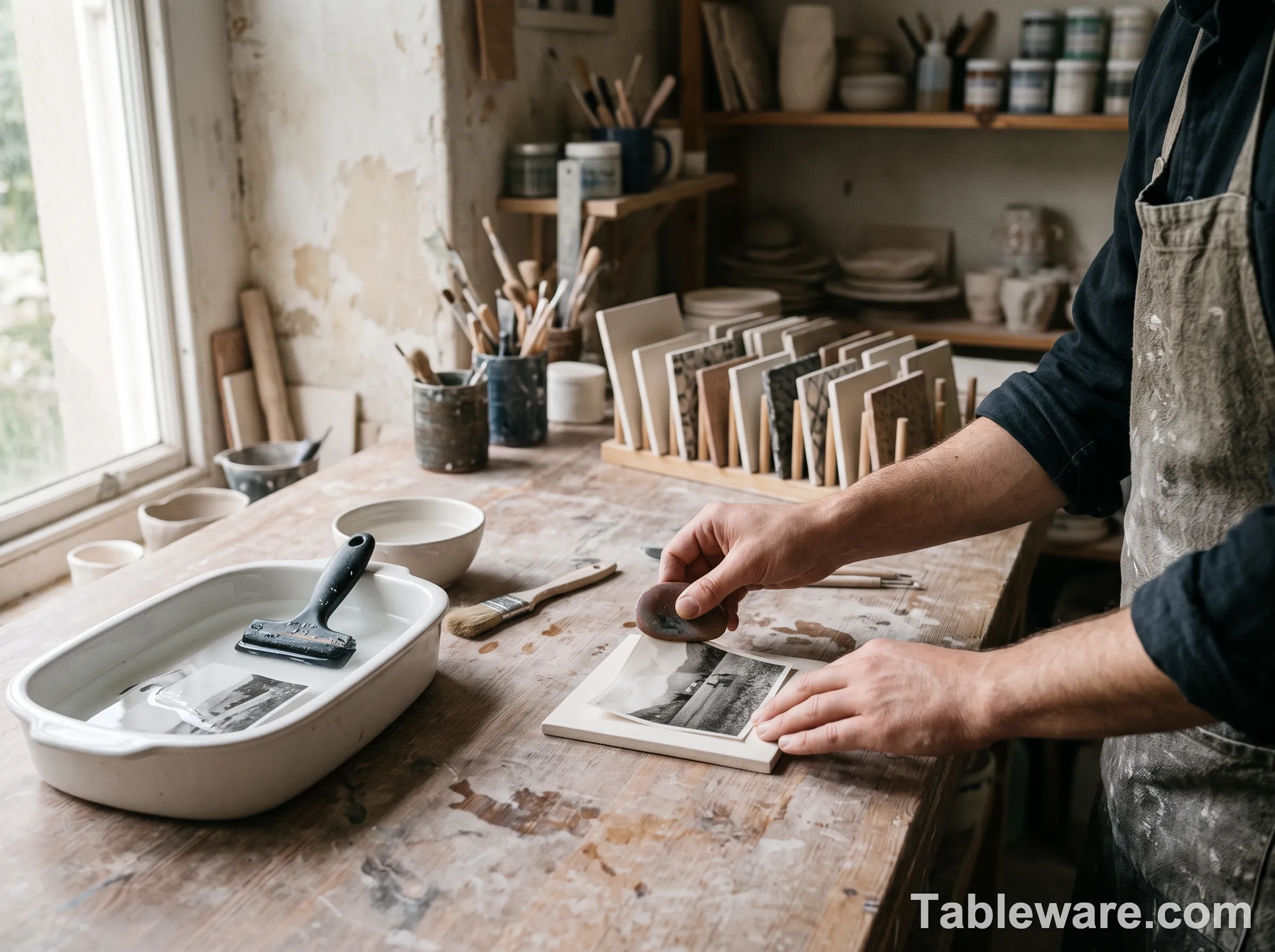 A studio potter sliding a decal onto a porcelain plate in a small studio