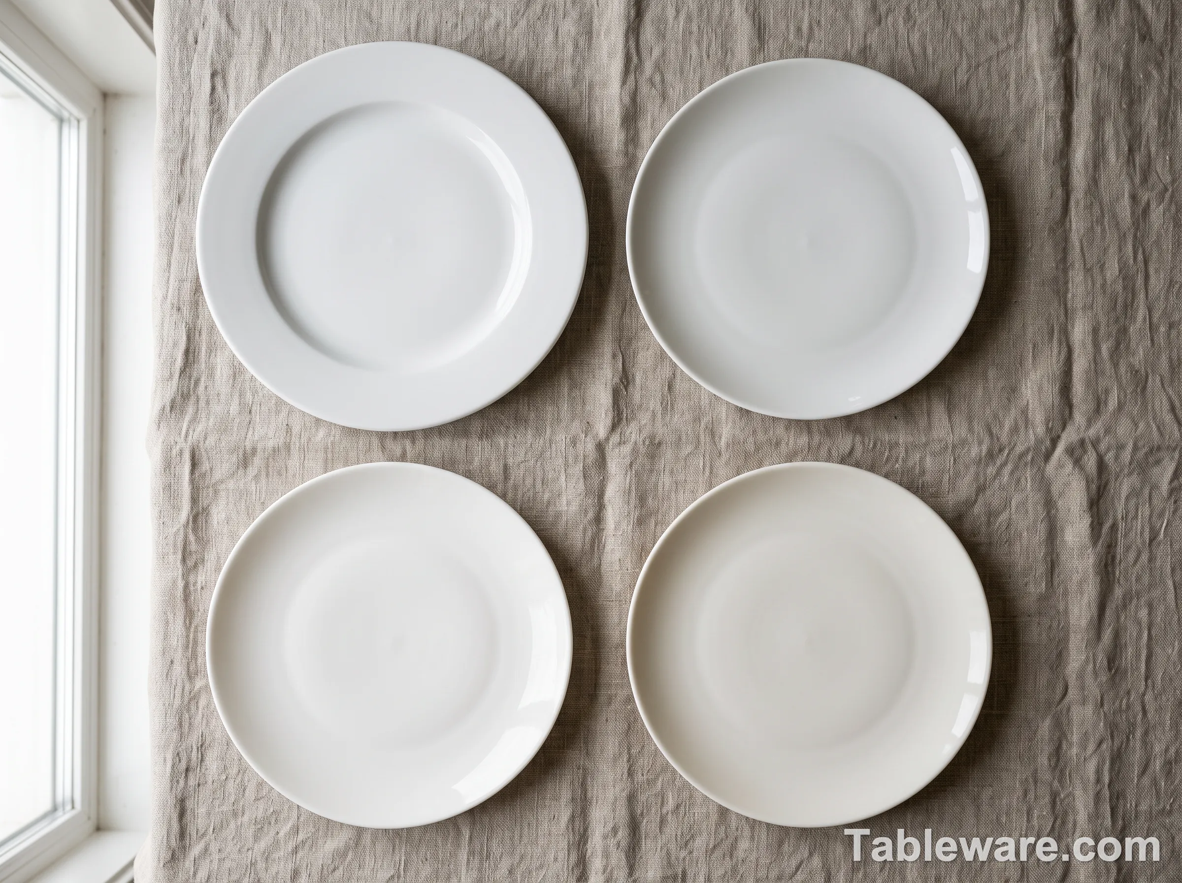 Overhead view of four china plates representing Mikasa, Lenox, Noritake, and Villeroy & Boch
