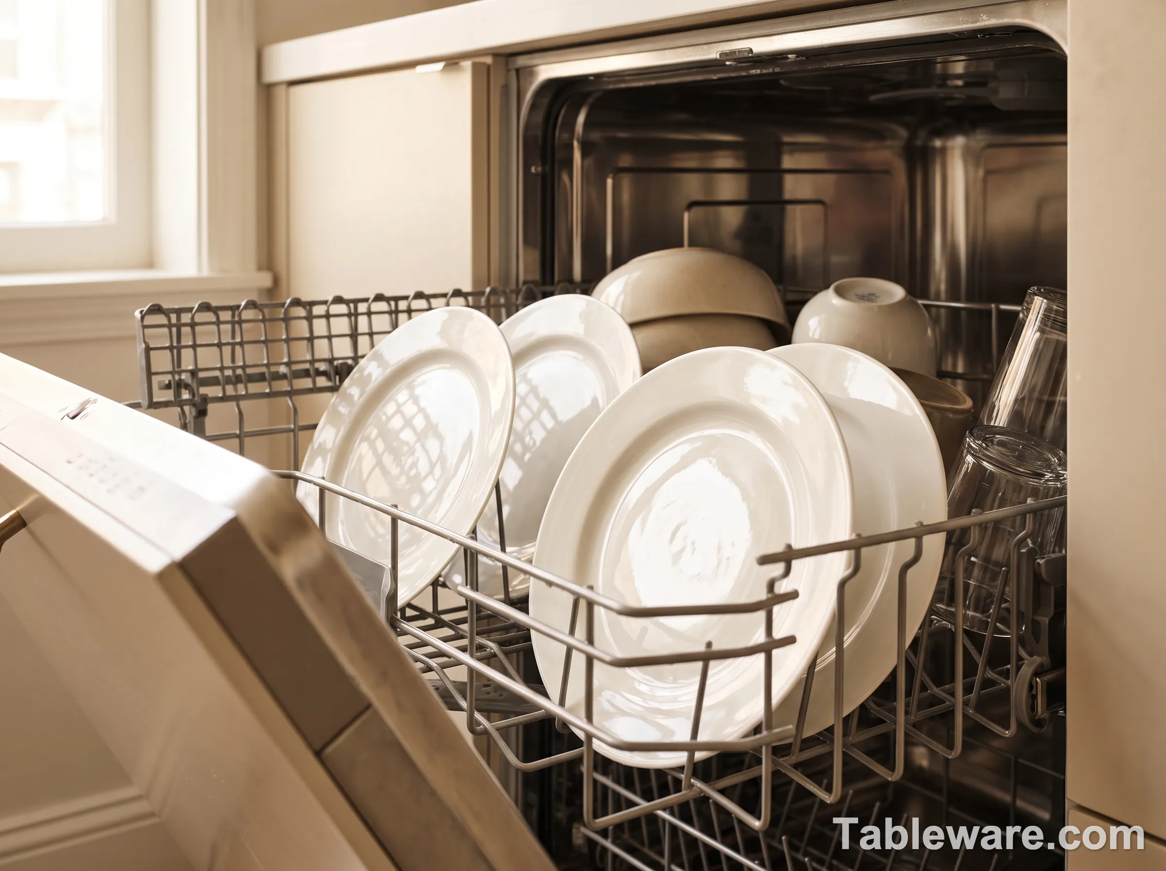 Four fine china plates loaded in a dishwasher rack
