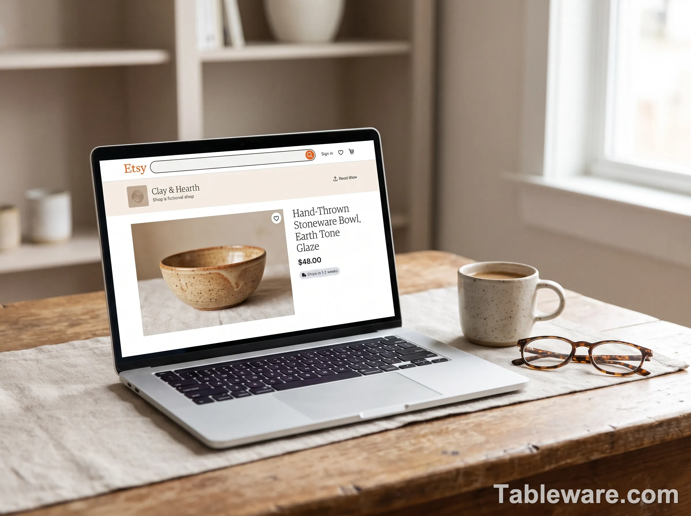 Laptop showing a handmade pottery Etsy listing
