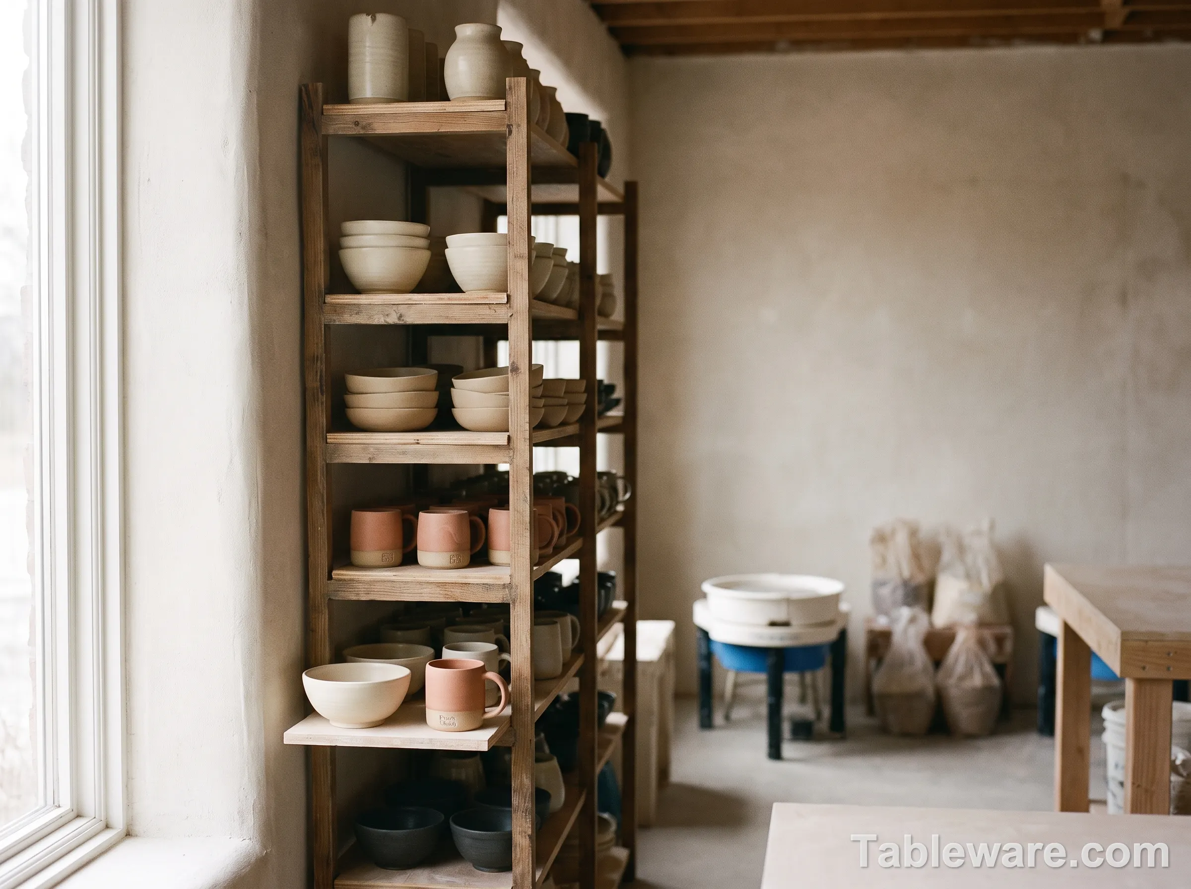 A ceramic studio shelf with rows of finished handmade bowls
