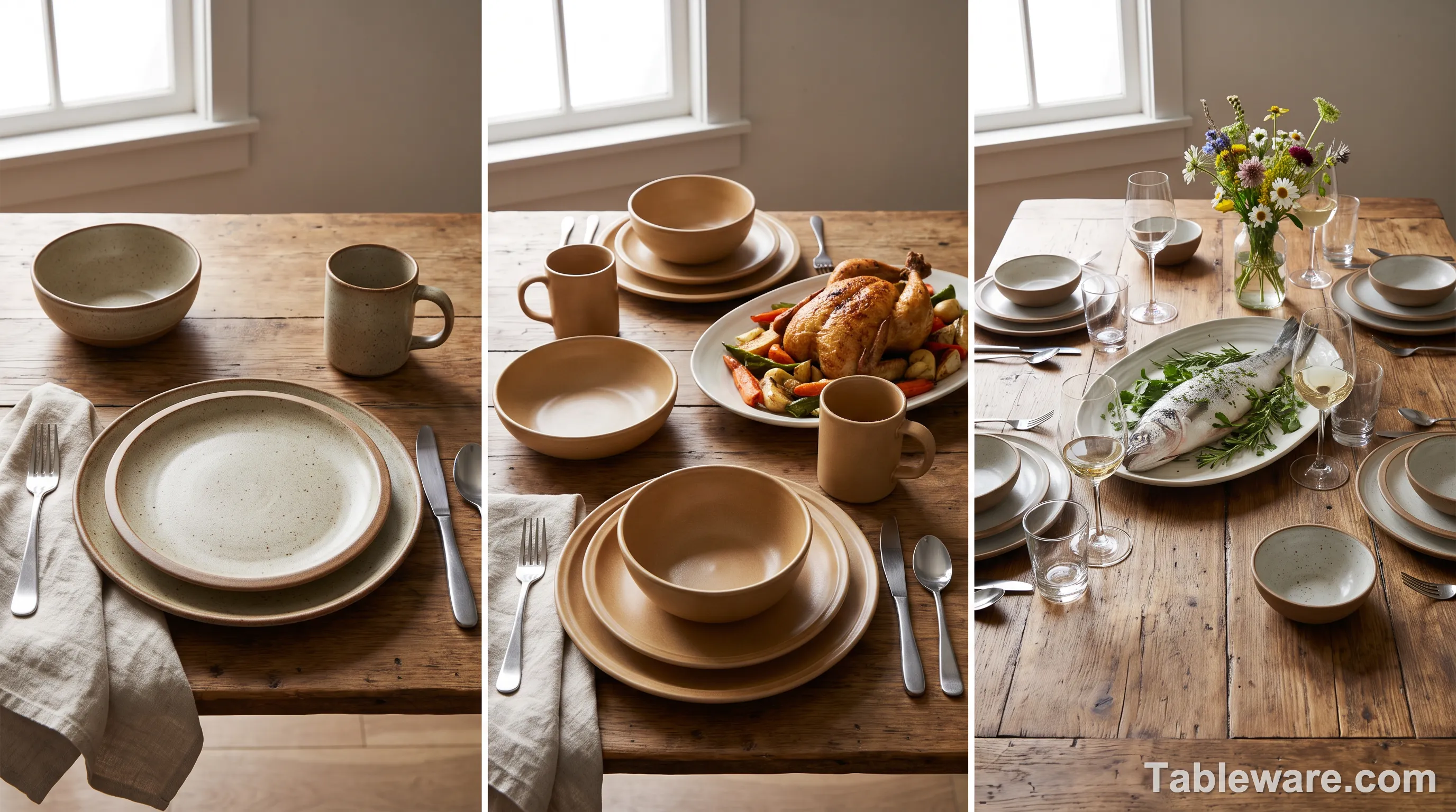 A composite image showing three table settings side by side: a simple 4-piece stoneware starter on the left, a 6-piece workhorse setup in the middle, and a complete Phase 3 table with handmade serving platter on the right