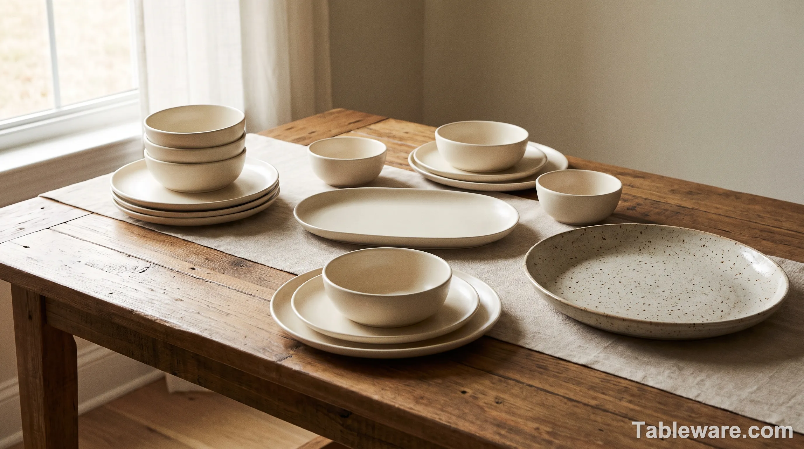 A modern farmhouse table set with three tiers of stoneware pieces: a small cream 8-piece starter set, a larger matching set with serving platters, and one handmade wooden-handle ceramic serving platter