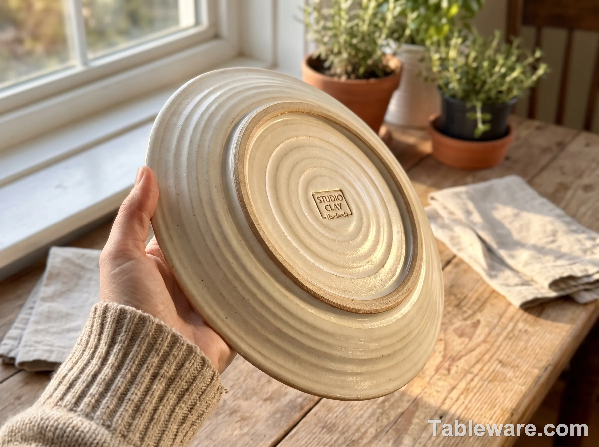 Jono Pandolfi stoneware plate with visible throwing rings and backstamp detail