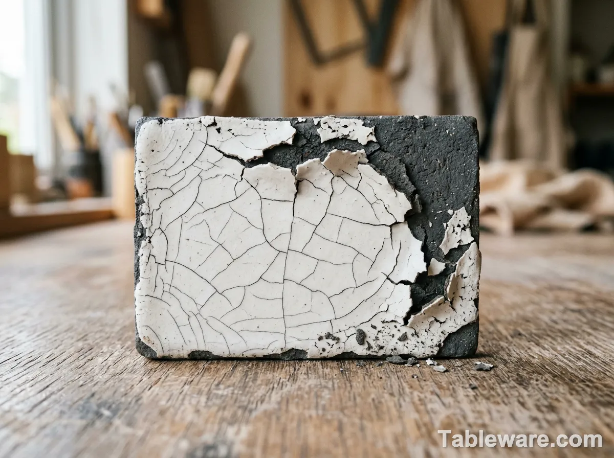 A small ceramic test tile showing a white engobe coating cracking and flaking off a darker clay body, with hairline cracks and small chips at the edges