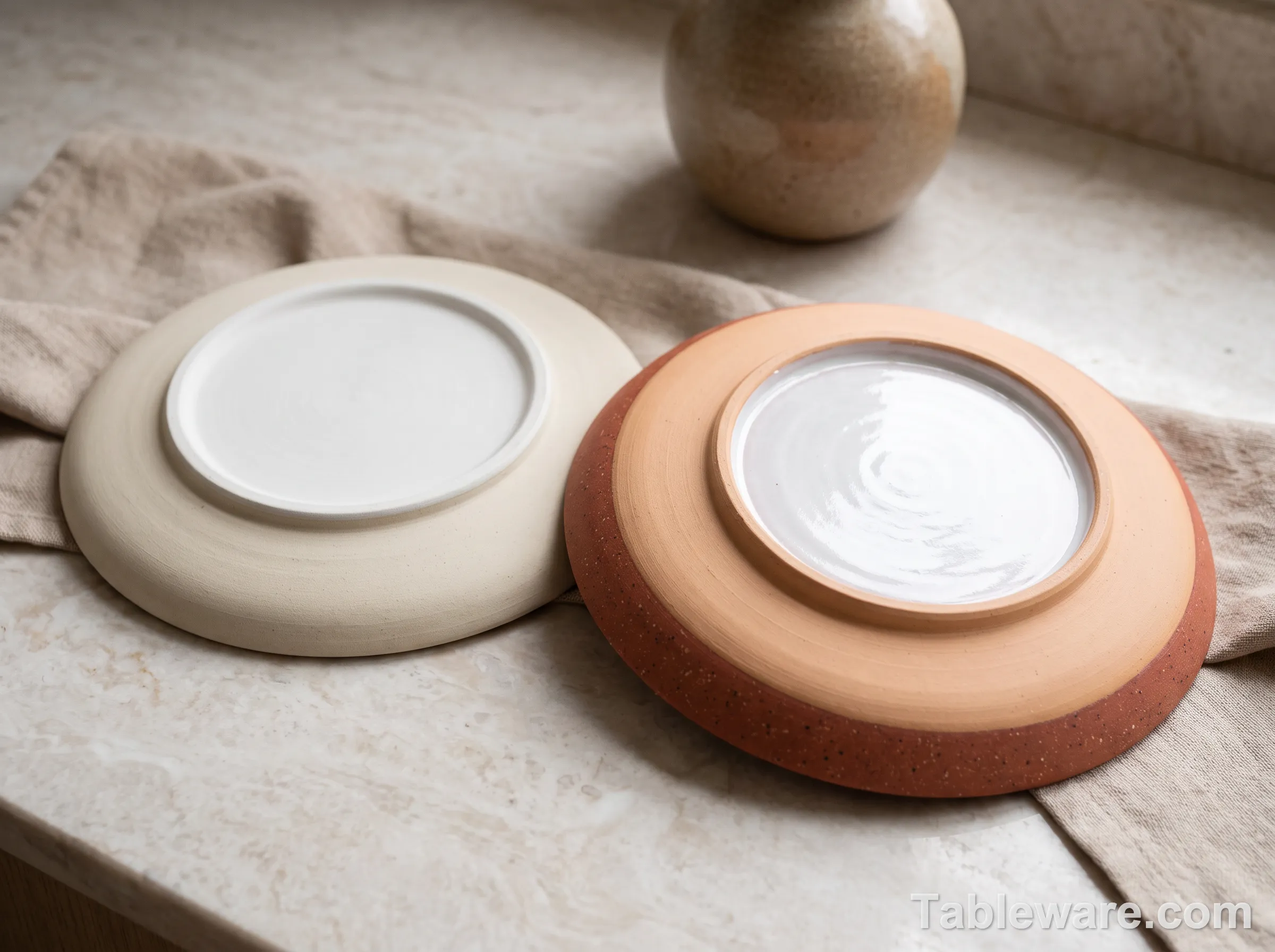 Two plates flipped upside down: one with a pure white foot ring, one with a terra-cotta orange foot ring under a bright white glazed interior