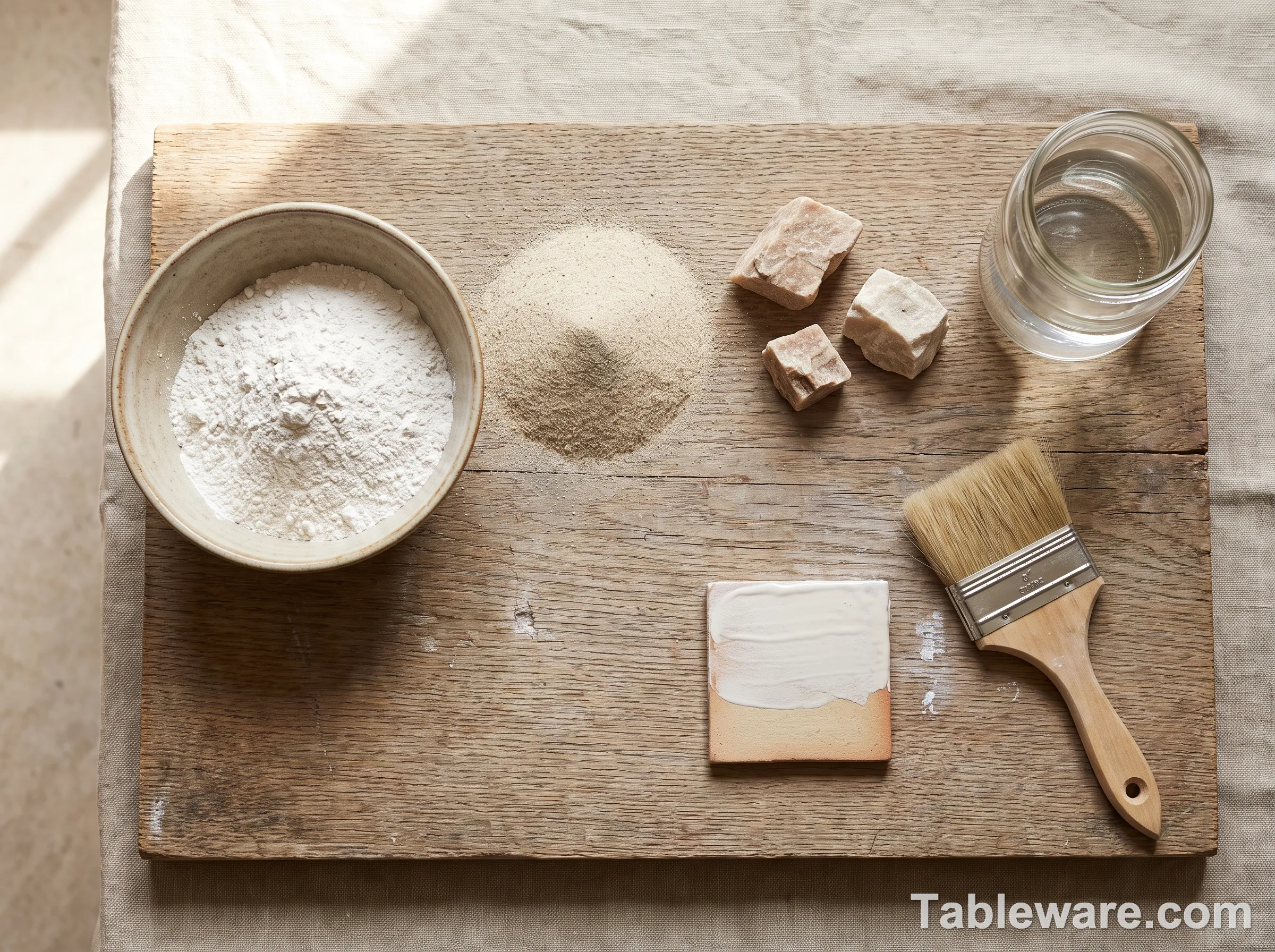 Top-down photo of kaolin powder, silica, feldspar, a hake brush, and a bisque tile partially coated in wet white engobe on an oak worktable