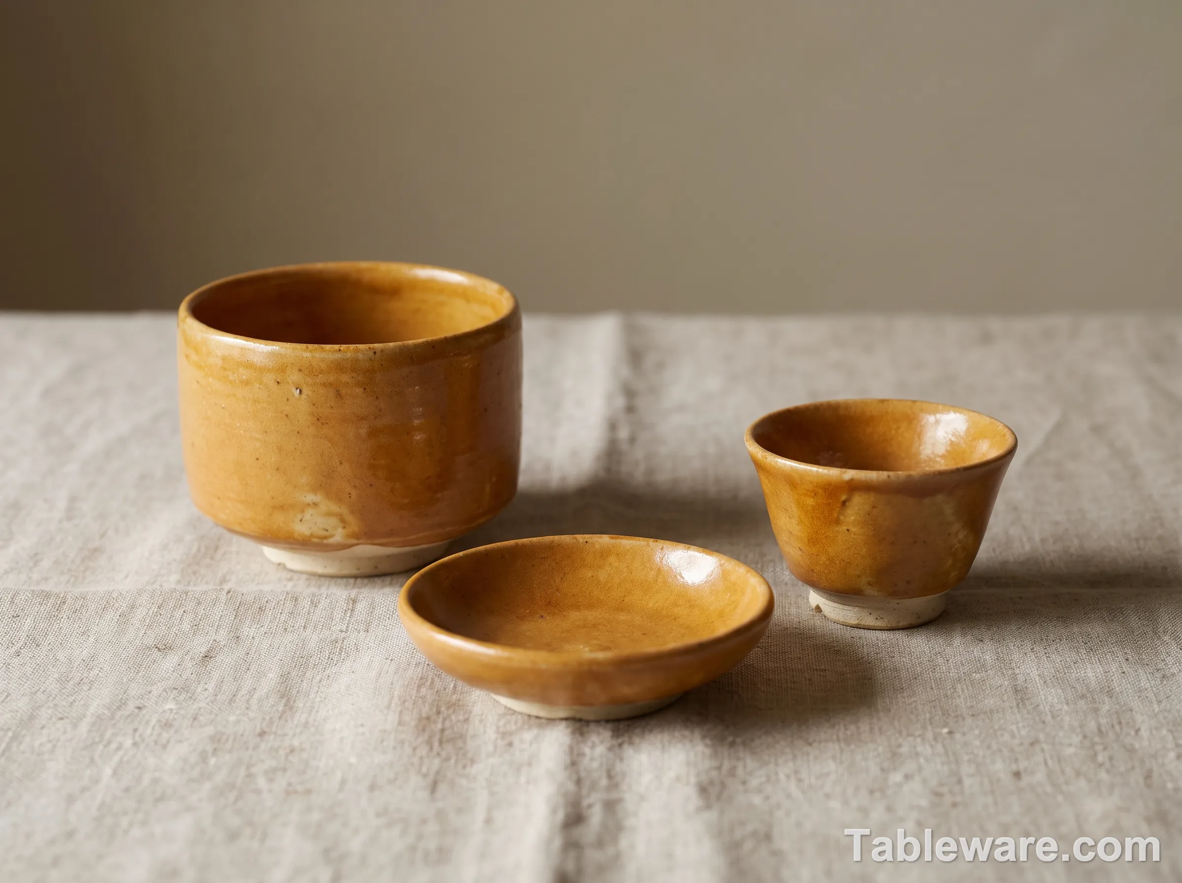 Three Yellow Seto teaware pieces in amber glaze