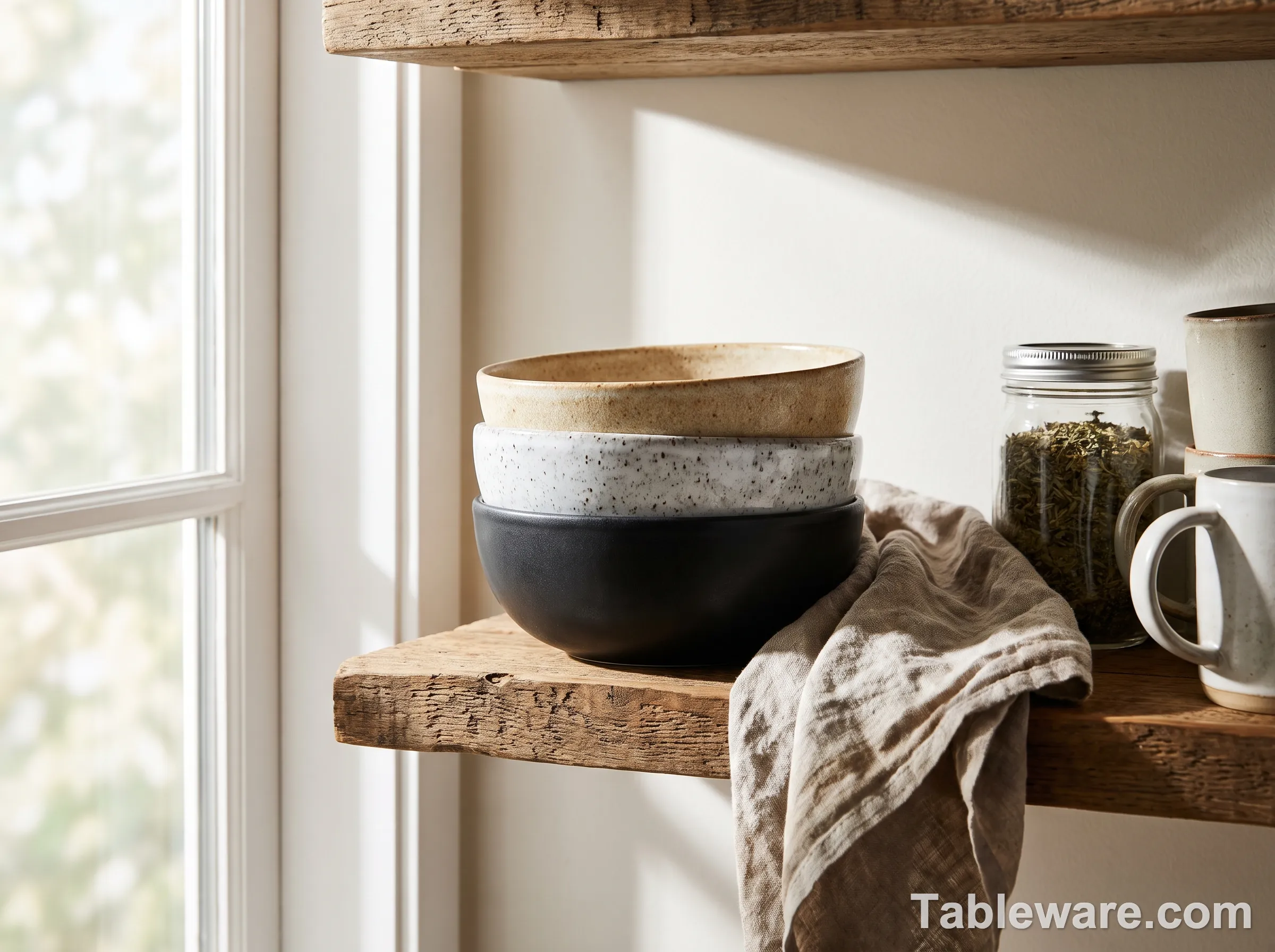 Three artisan stoneware bowls in different glaze colors stacked on open shelf