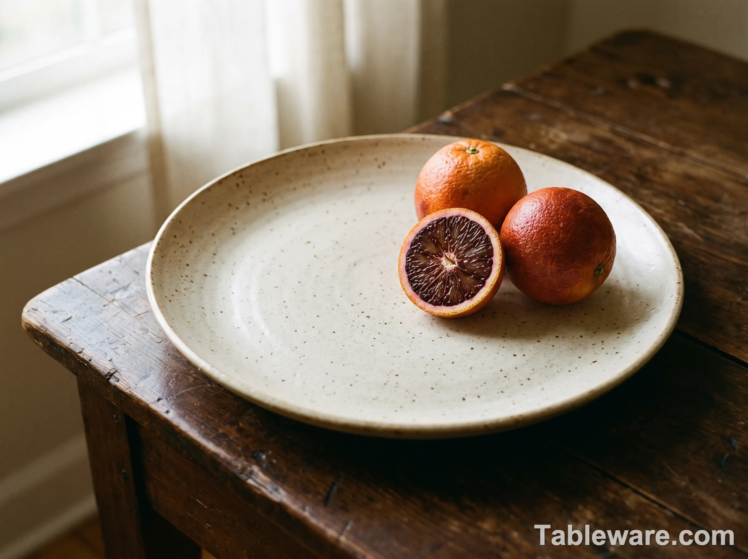 A single hand-thrown ceramic serving platter in matte speckled cream on a wooden table, with a few blood oranges arranged casually on top, natural window light from the left