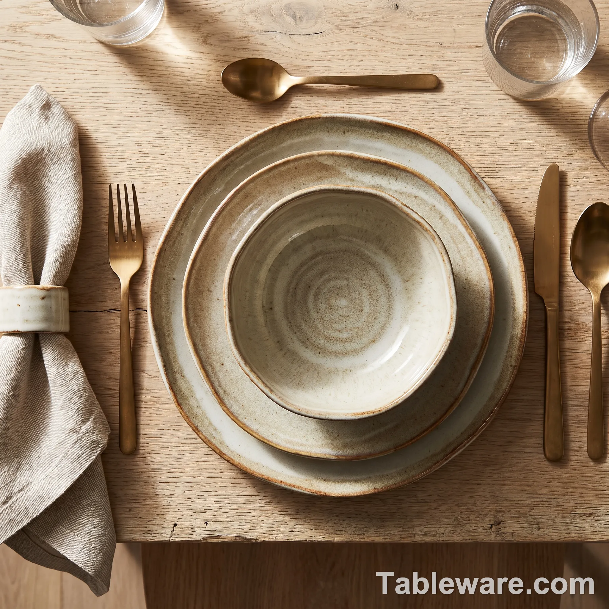 Overhead flat lay of a single place setting with artisan stoneware dinnerware