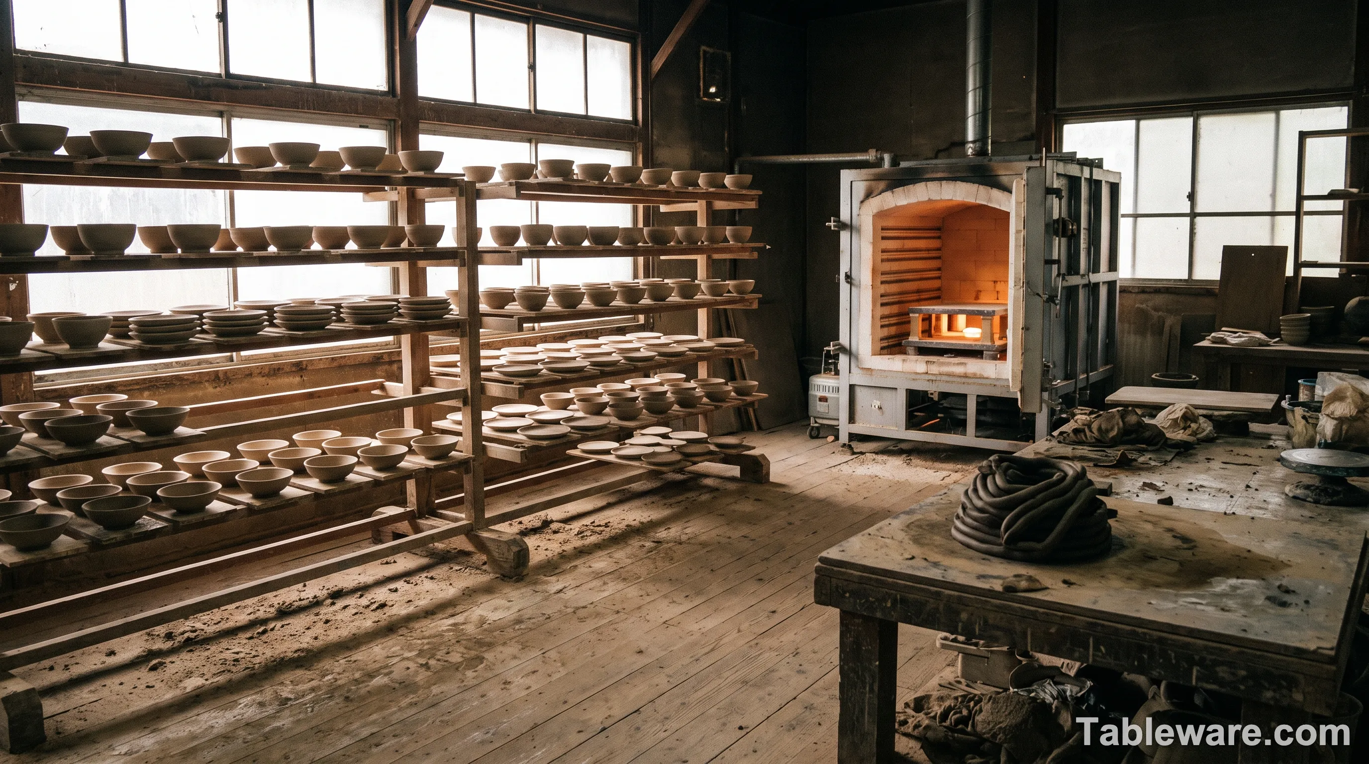 A traditional Toki City pottery workshop with drying plates and a kiln