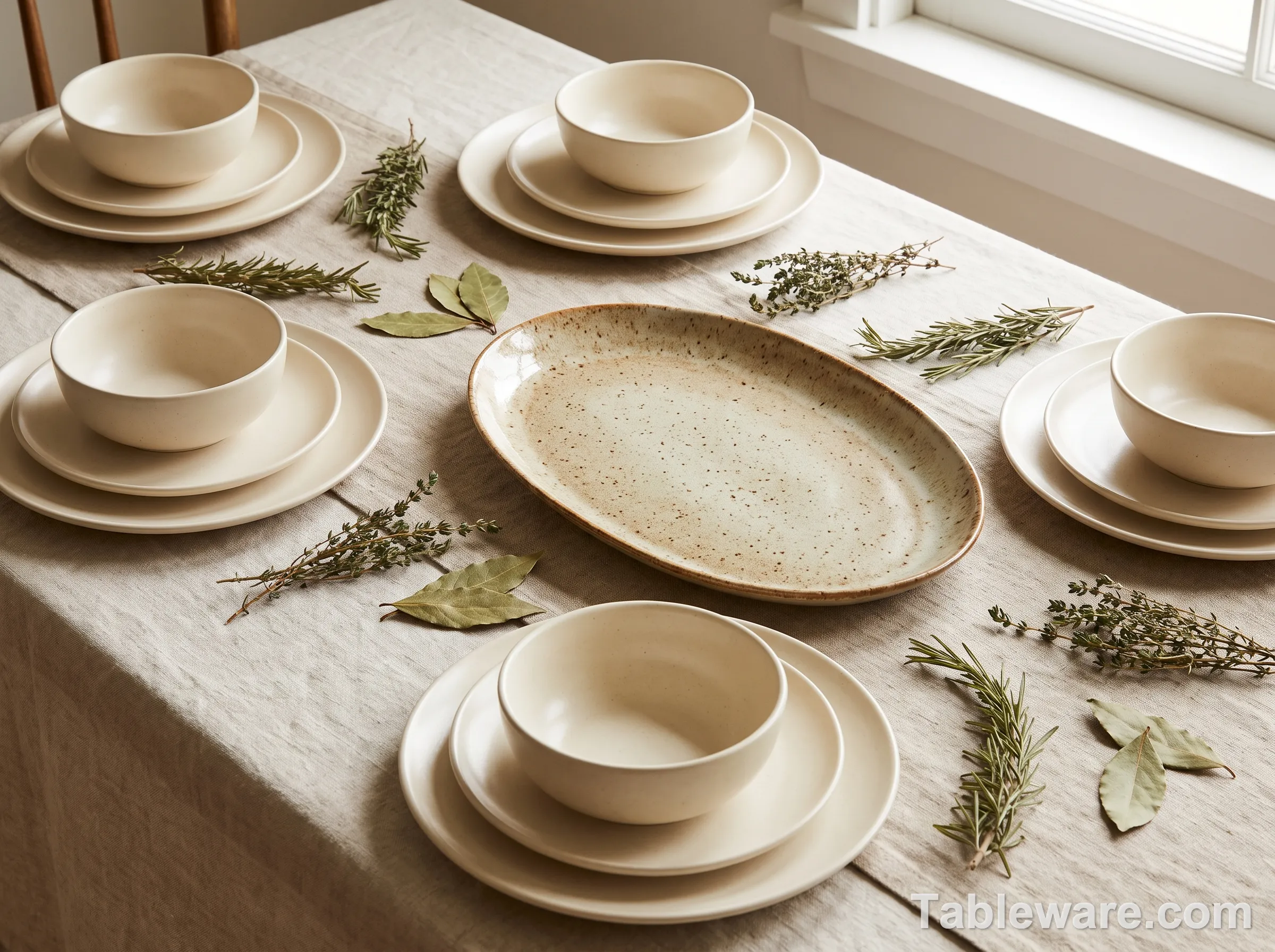 A phase 2 workhorse set of cream stoneware dinner plates and matching bowls with a large ceramic serving platter in a slightly different glaze, all arranged on a linen table runner