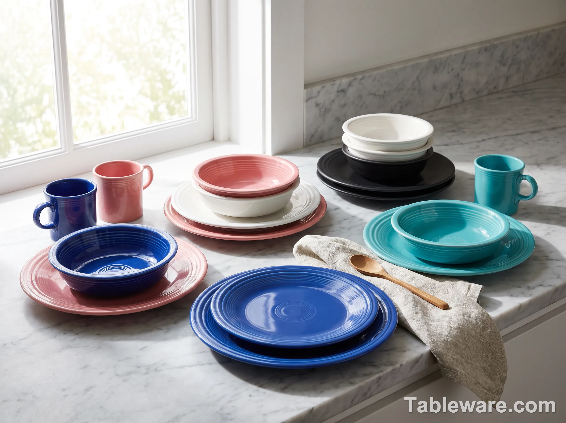 A lineup of post-1986 contemporary Fiesta colors including cobalt rose white black turquoise