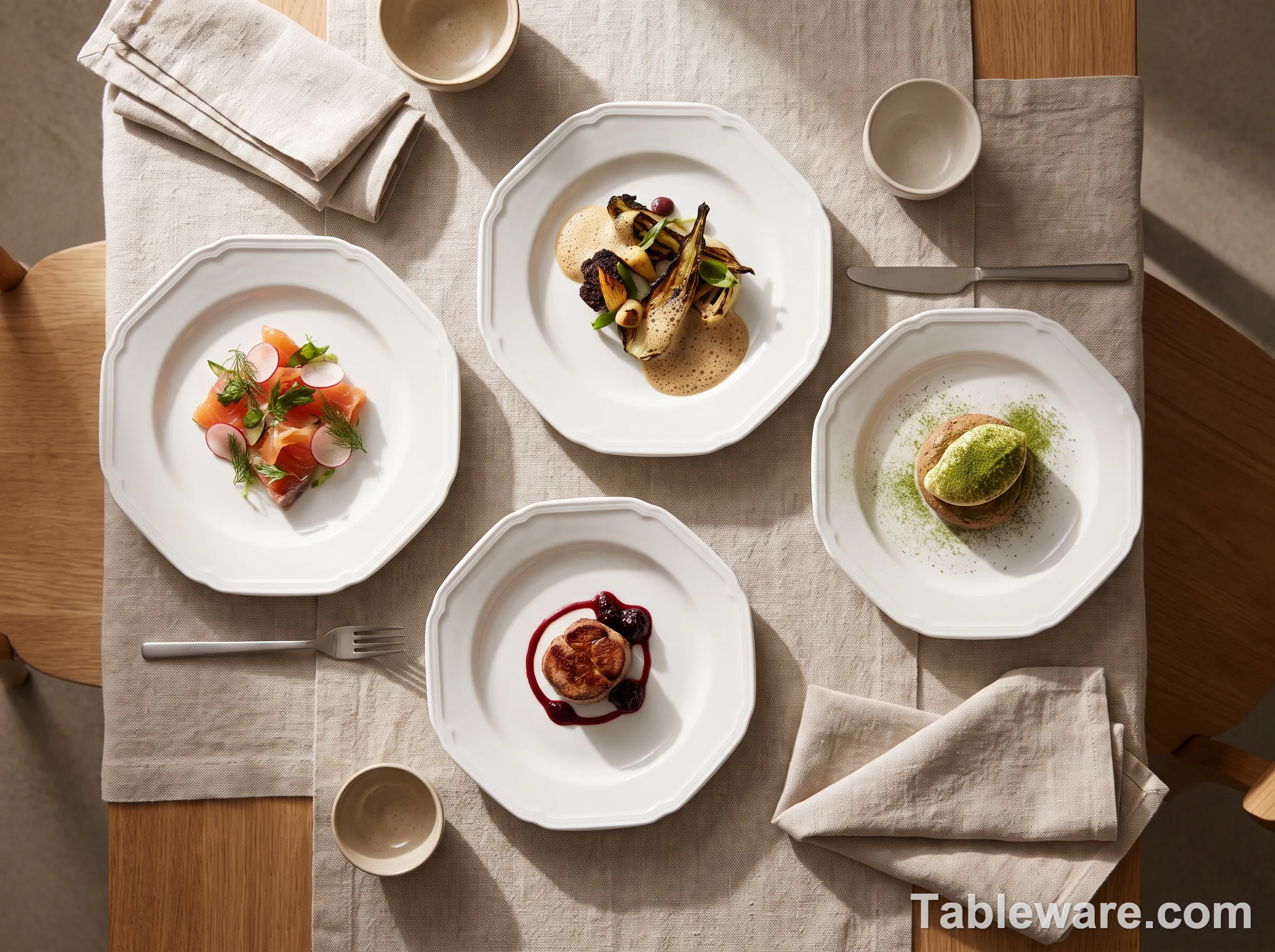 Top-down view of modern octagonal dinnerware on a neutral table
