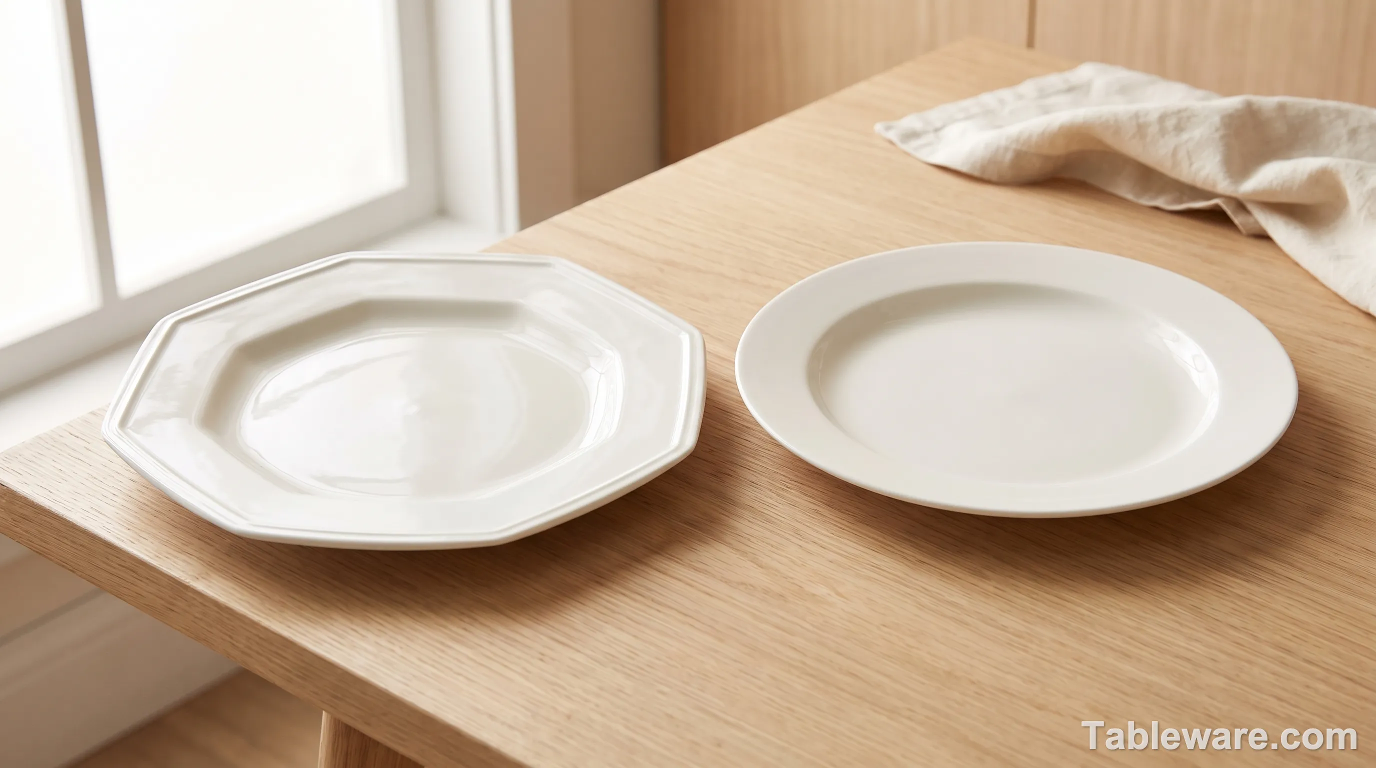 Octagonal plate placed next to a round plate on a neutral table