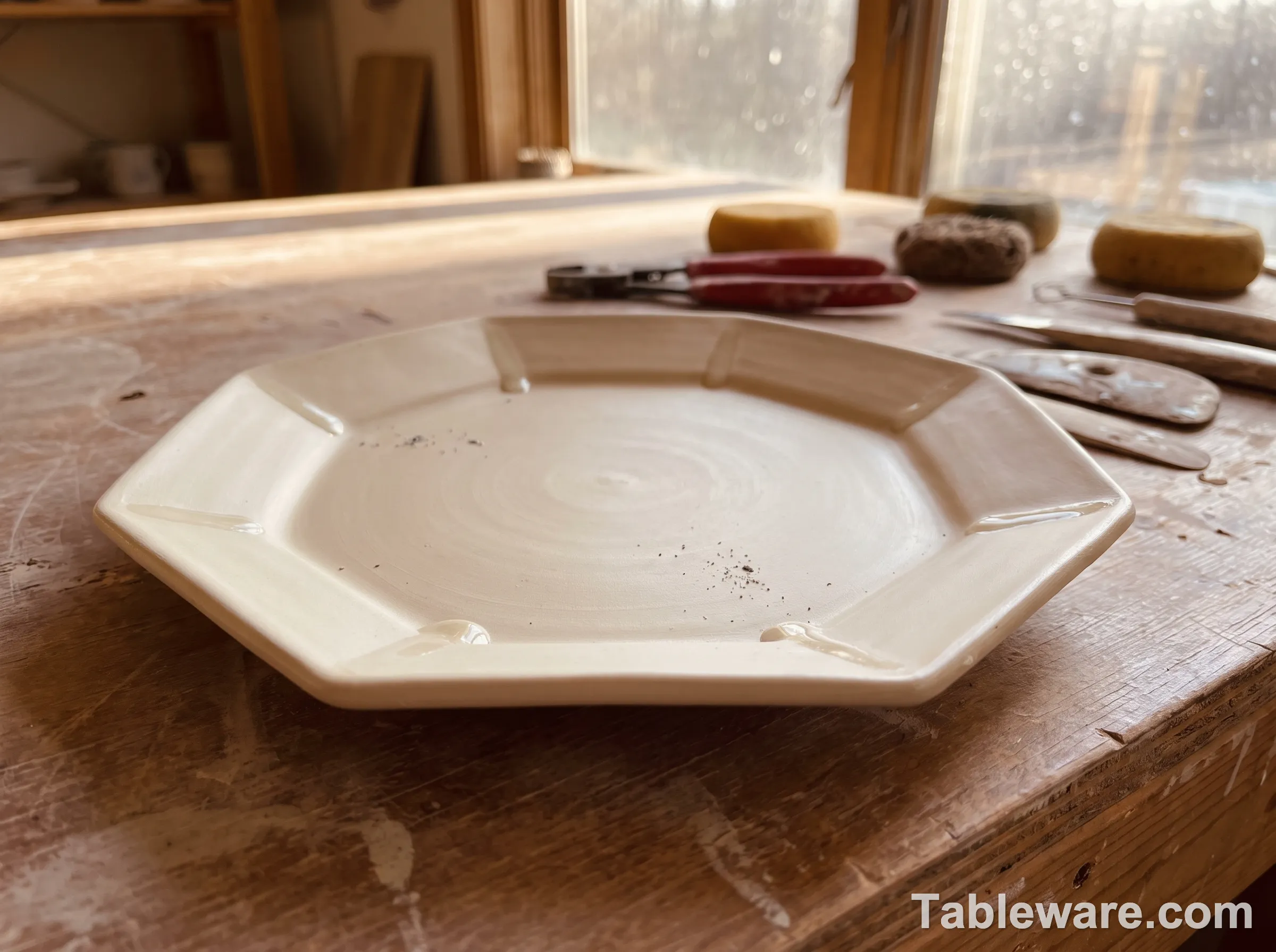 Handmade octagonal plate in a pottery studio