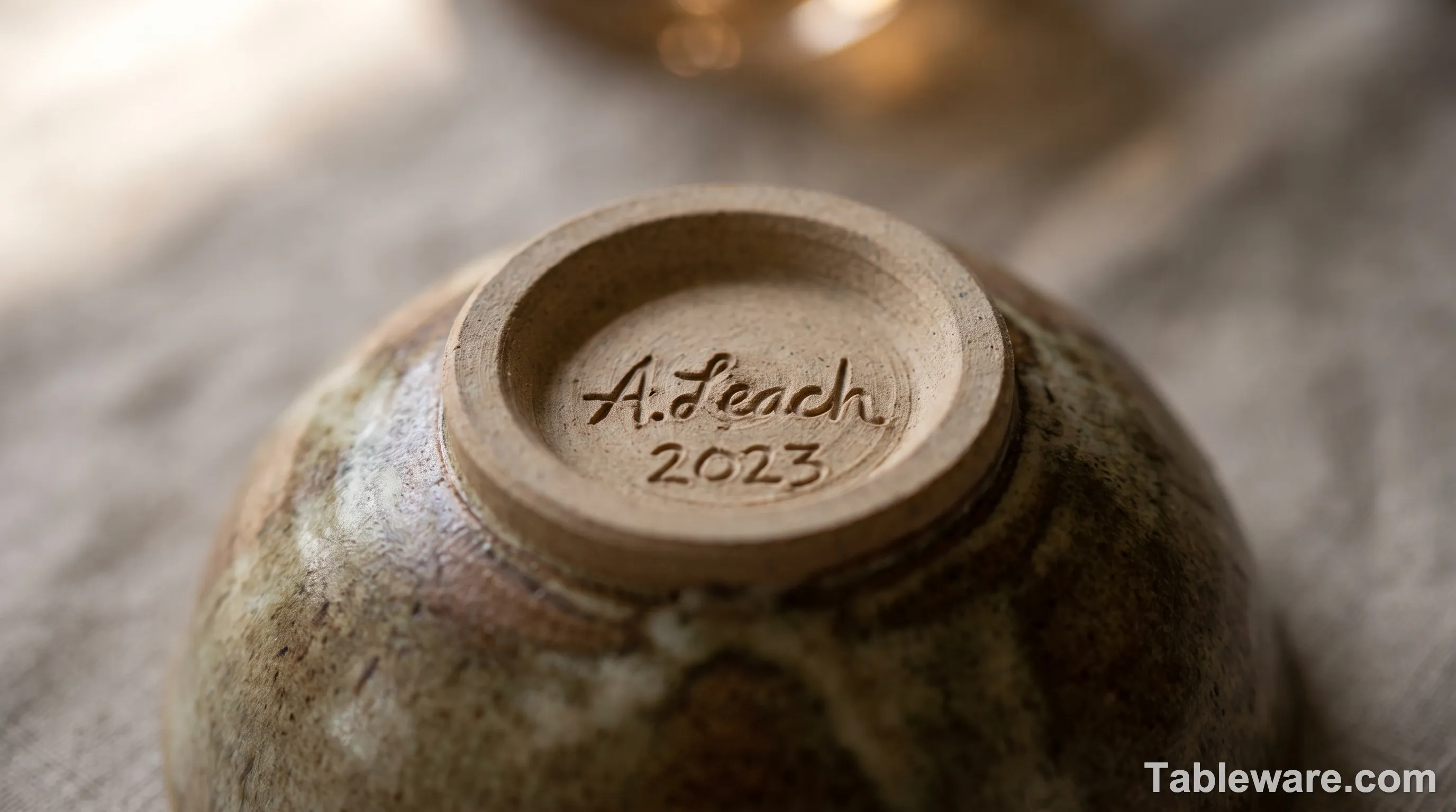 Macro photograph of a signed handmade pottery bowl's foot ring showing a potter's signature stamp on unglazed raw clay