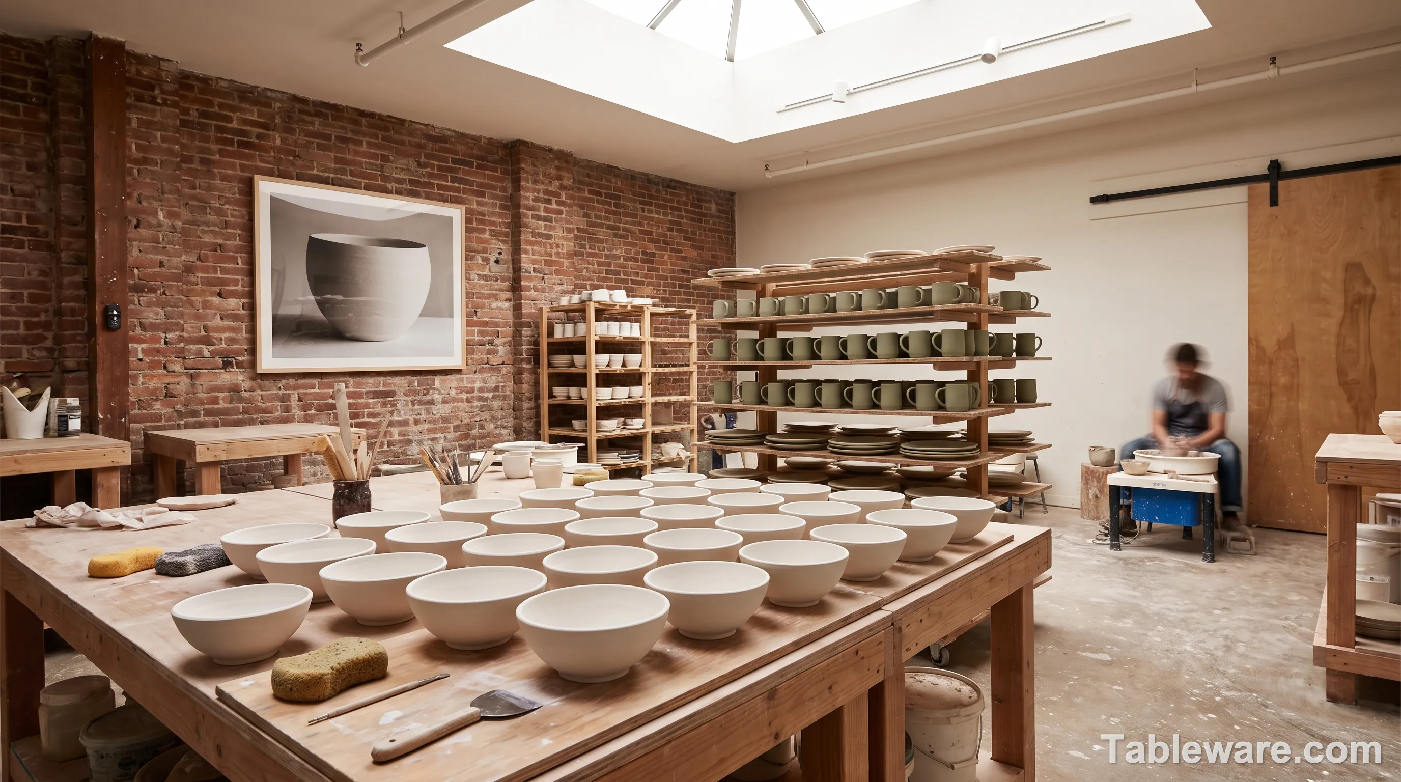 A long wooden worktable in a studio pottery production space with 30-50 identical white-glazed bowls in various stages of finishing, drying racks in the background