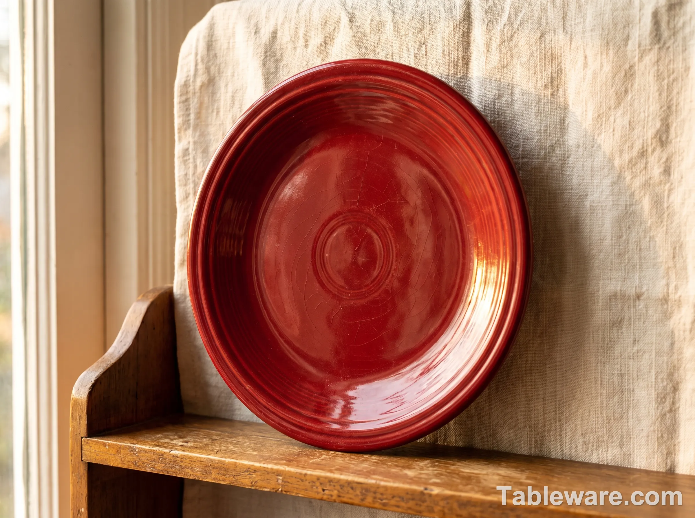 Close-up of a vintage Fiestaware radioactive red plate with the original cadmium-selenide glaze