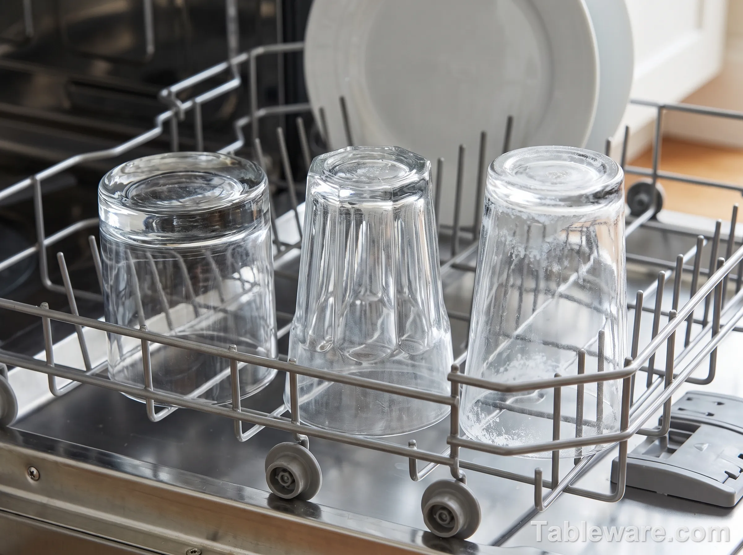 Three everyday glasses stacked upside down on a dishwasher rack after 100 cycles