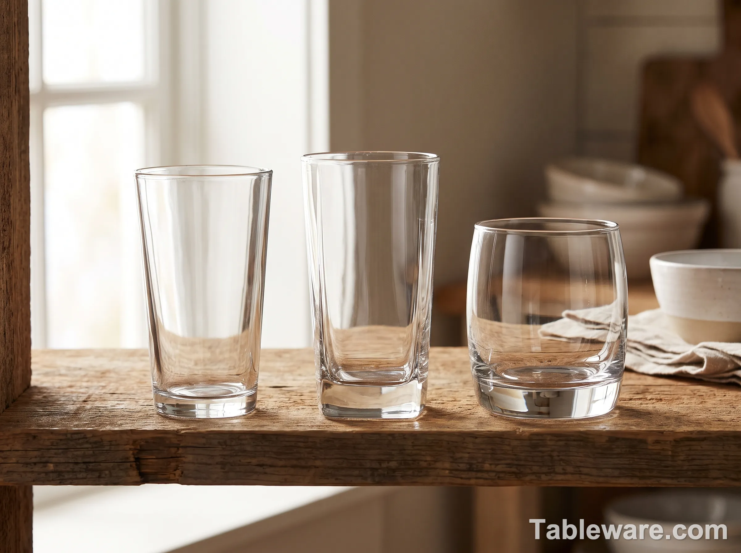 Three everyday drinking glasses in a row: Anchor Hocking Central Park, Libbey Polaris, and Crate & Barrel Bodega on a wooden shelf