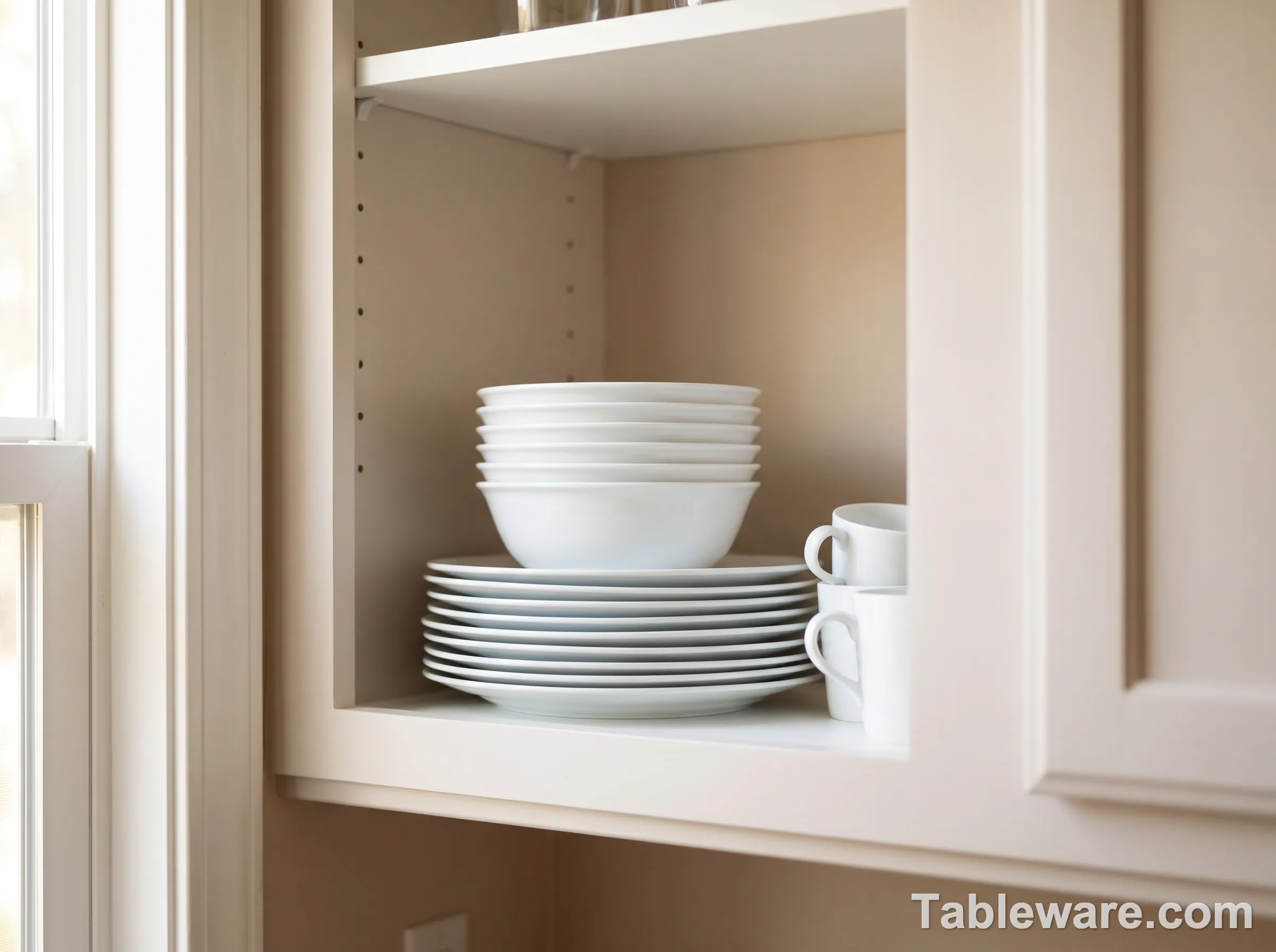 Amazon Basics white porcelain dinnerware stacked in a small cabinet