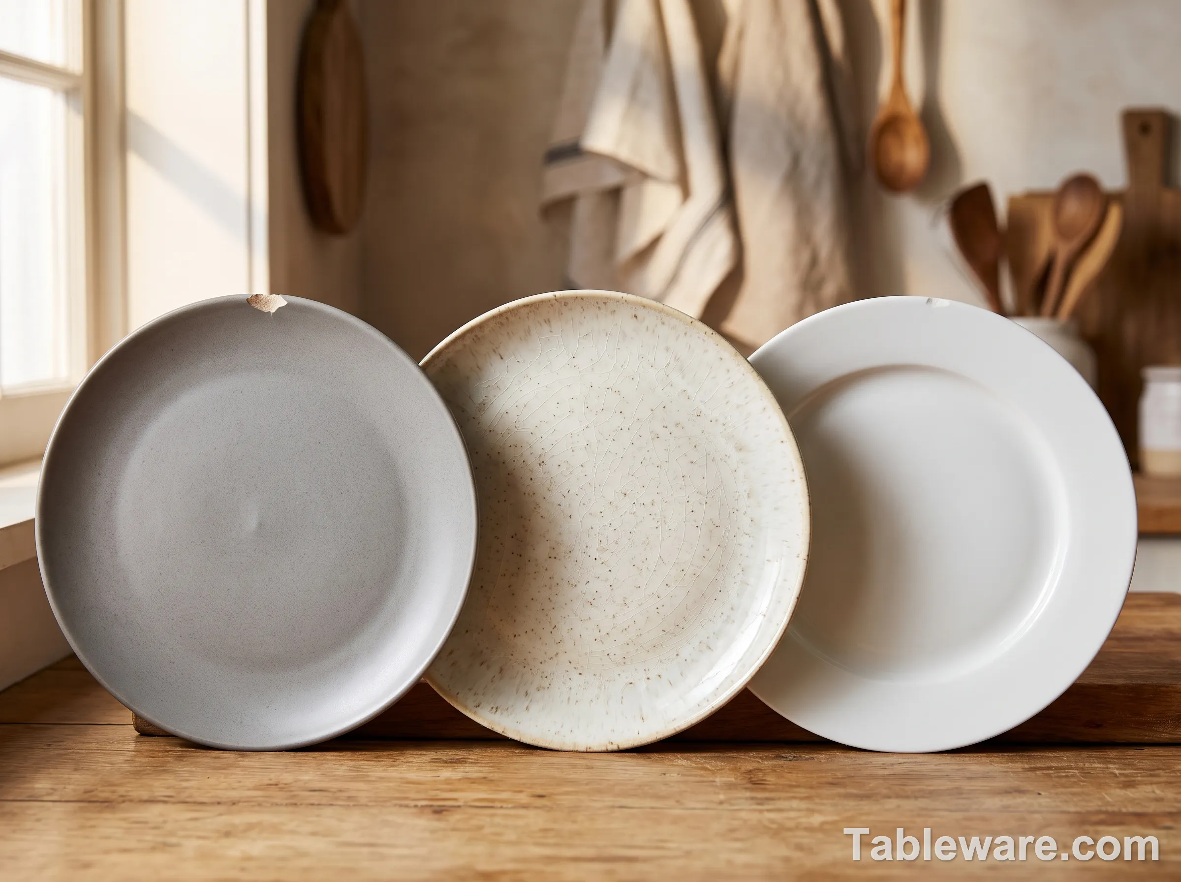 Three chipped dinner plates of different materials arranged on a counter