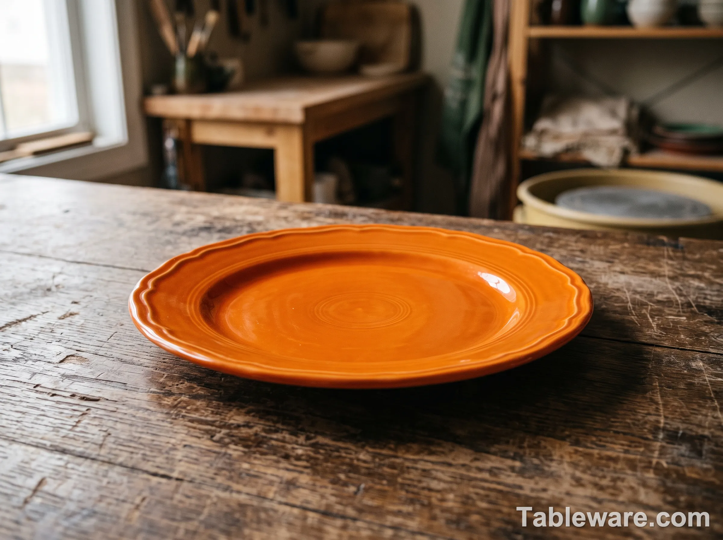 Fiestaware tangerine dinner plate close-up showing vitrified china scalloped edge