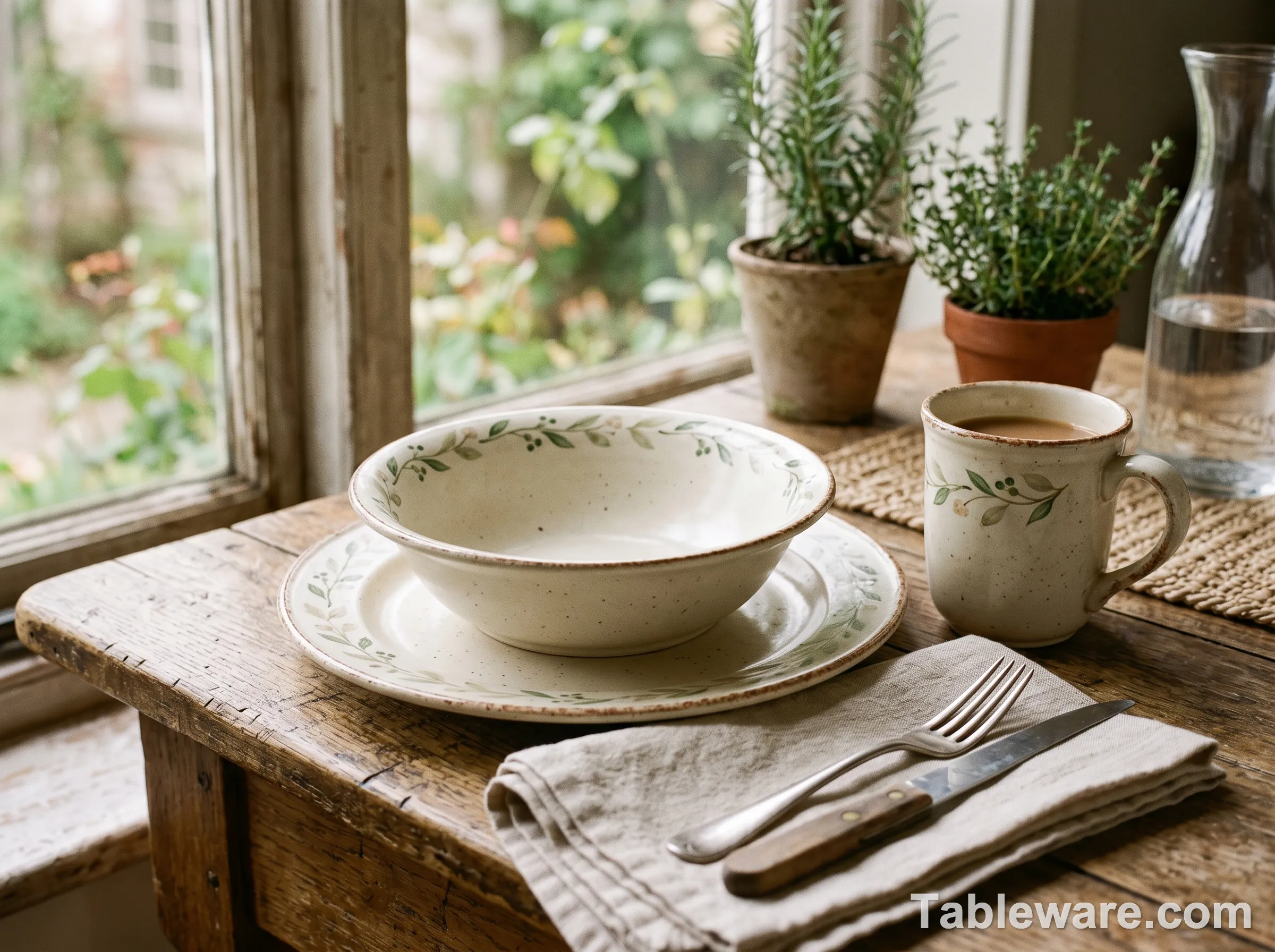 Vintage Pfaltzgraff-style cream stoneware pattern with leaf motif on a farmhouse table