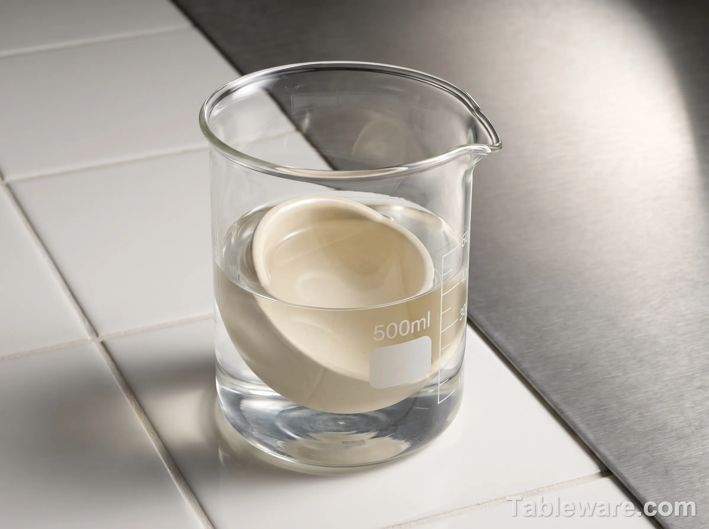 A ceramic bowl half-submerged in a beaker of clear 4% acetic acid solution on a lab bench, illustrating the ASTM C738 leach test