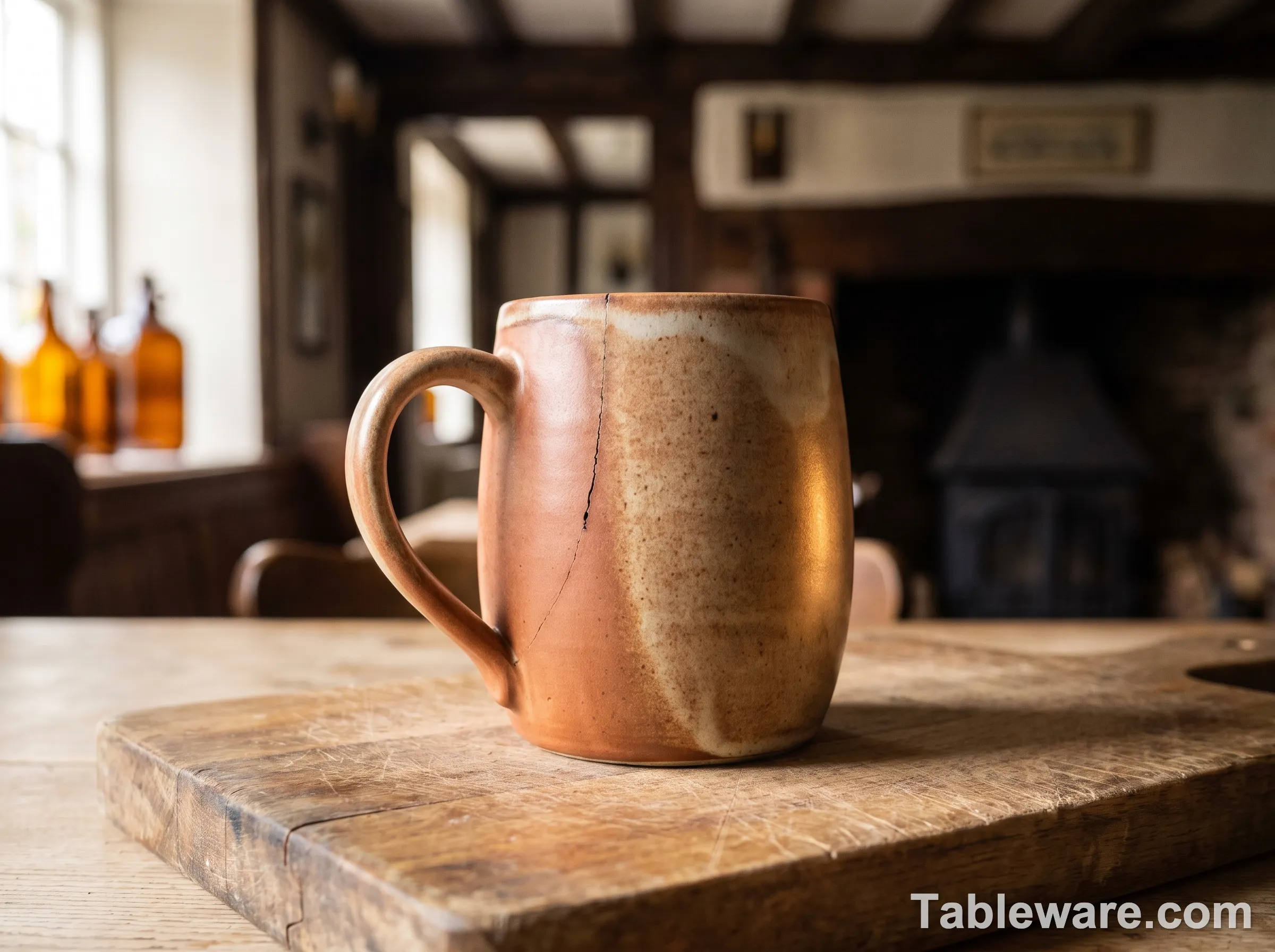 A stoneware mug with a hairline crack running down the side, held in one hand over a wooden cutting board, illustrating the do-not-use-if-cracked warning