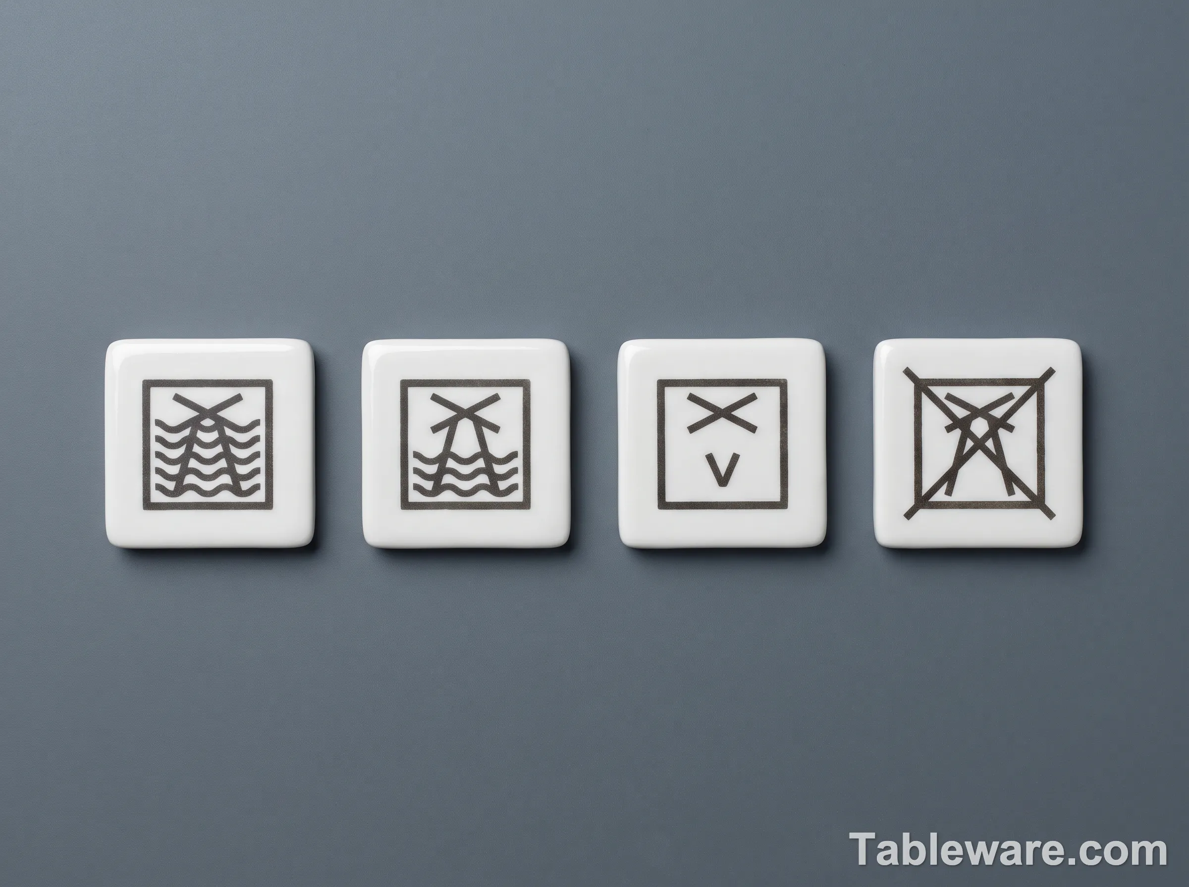 Comparison of four dishwasher-safe symbol variants on a slate-grey surface