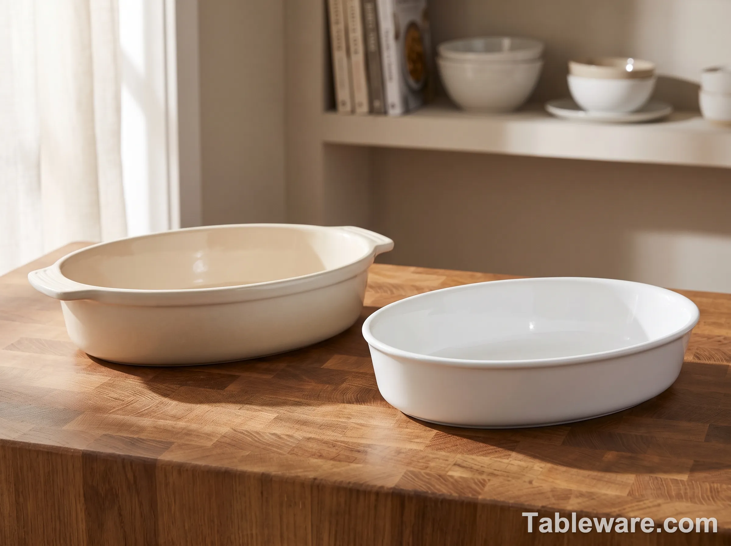 Side by side comparison of a stoneware baker and porcelain baker showing wall thickness and rim geometry