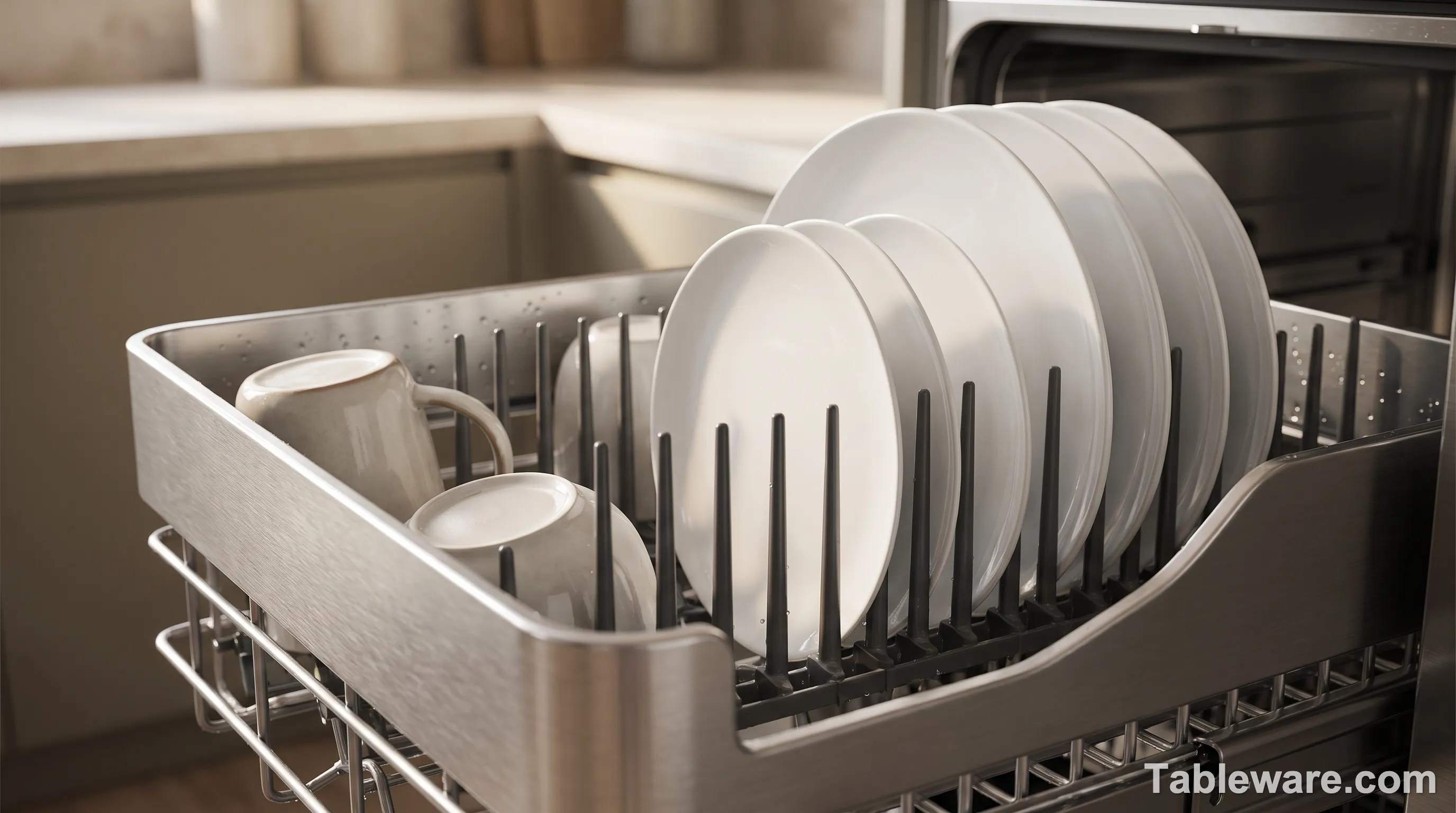 Top rack of a dishwasher with porcelain plates spaced apart on the tines, no overcrowding