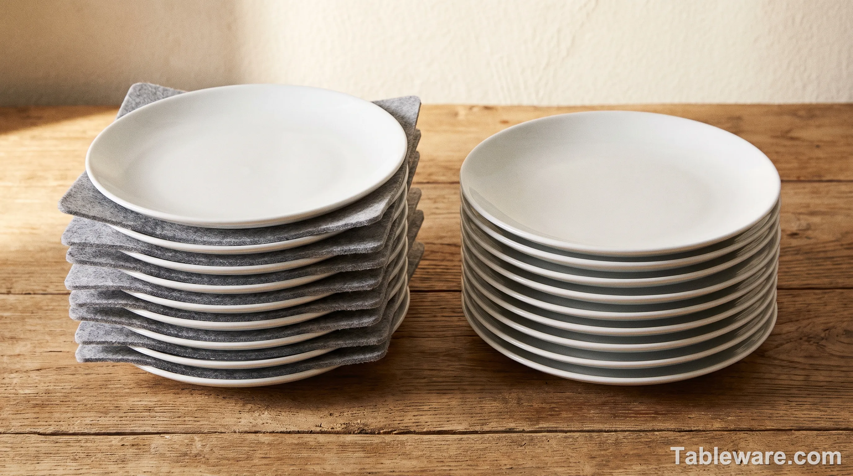 Two stacks of white porcelain plates, one with felt dividers and one without, showing how dividers prevent rim chipping