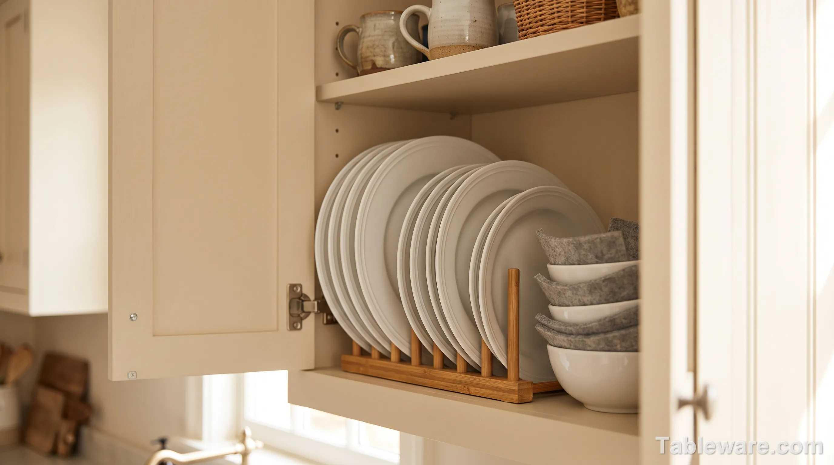 Open kitchen cabinet with white porcelain plates stored vertically in a bamboo plate rack, felt dividers between stacked bowls