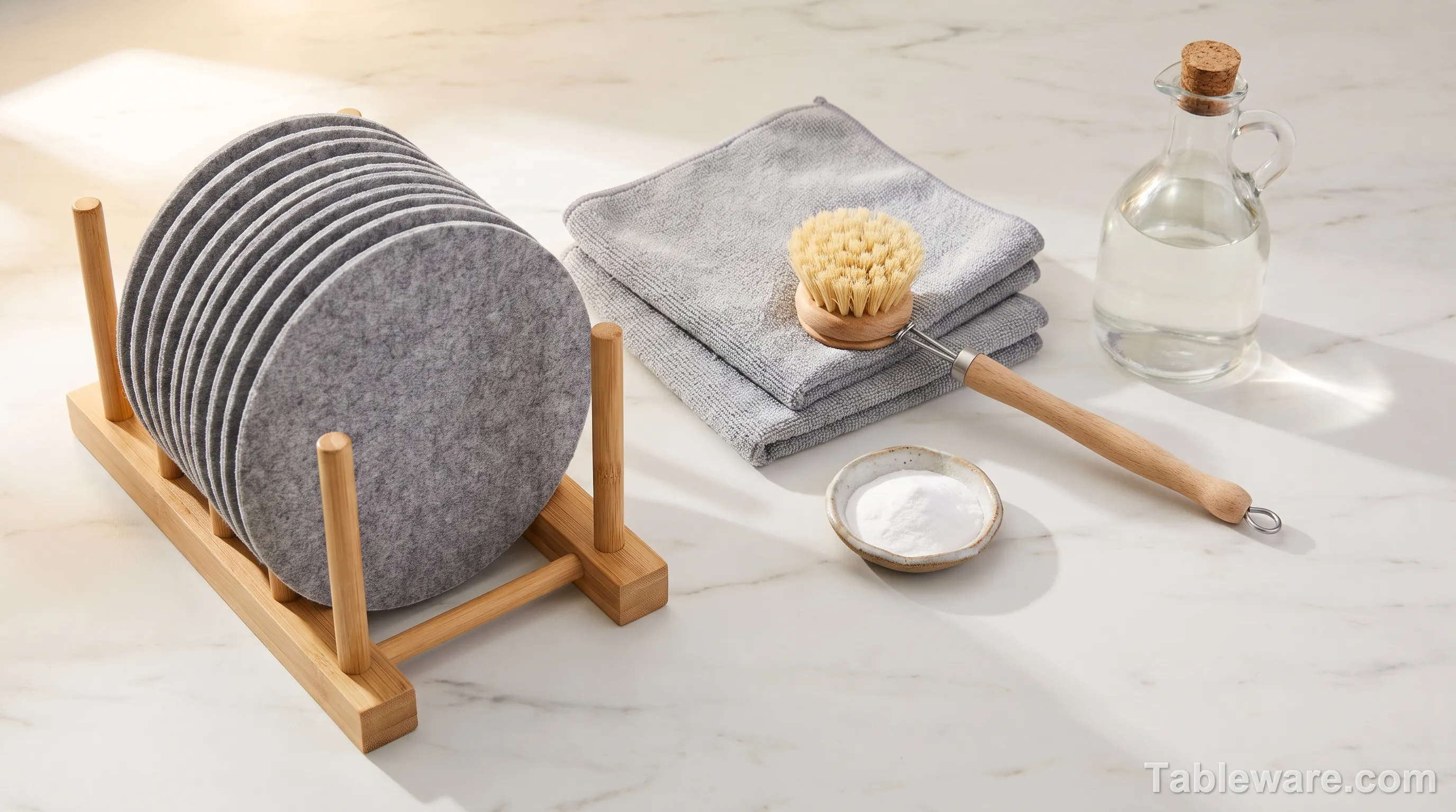 Flat lay of dinnerware care tools: bamboo plate rack, felt dividers, microfiber cloths, soft-bristle brush, baking soda, and white vinegar on a marble counter