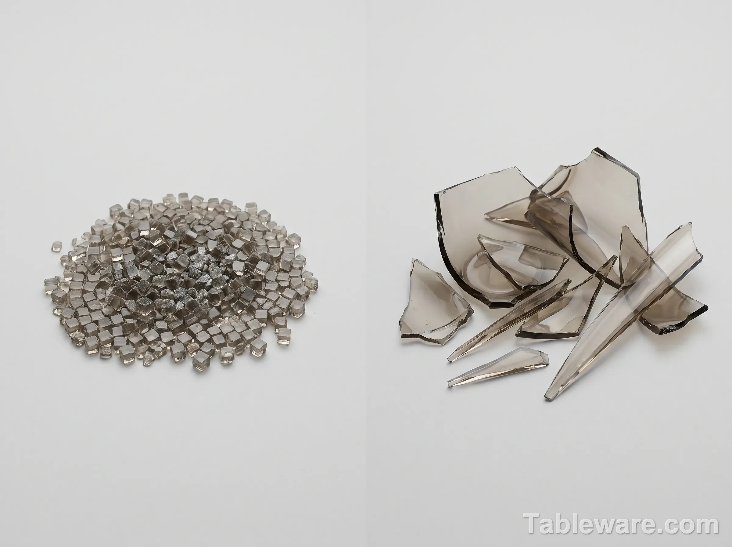 Comparison of tempered glass dicing pattern versus annealed glass long shard shatter pattern