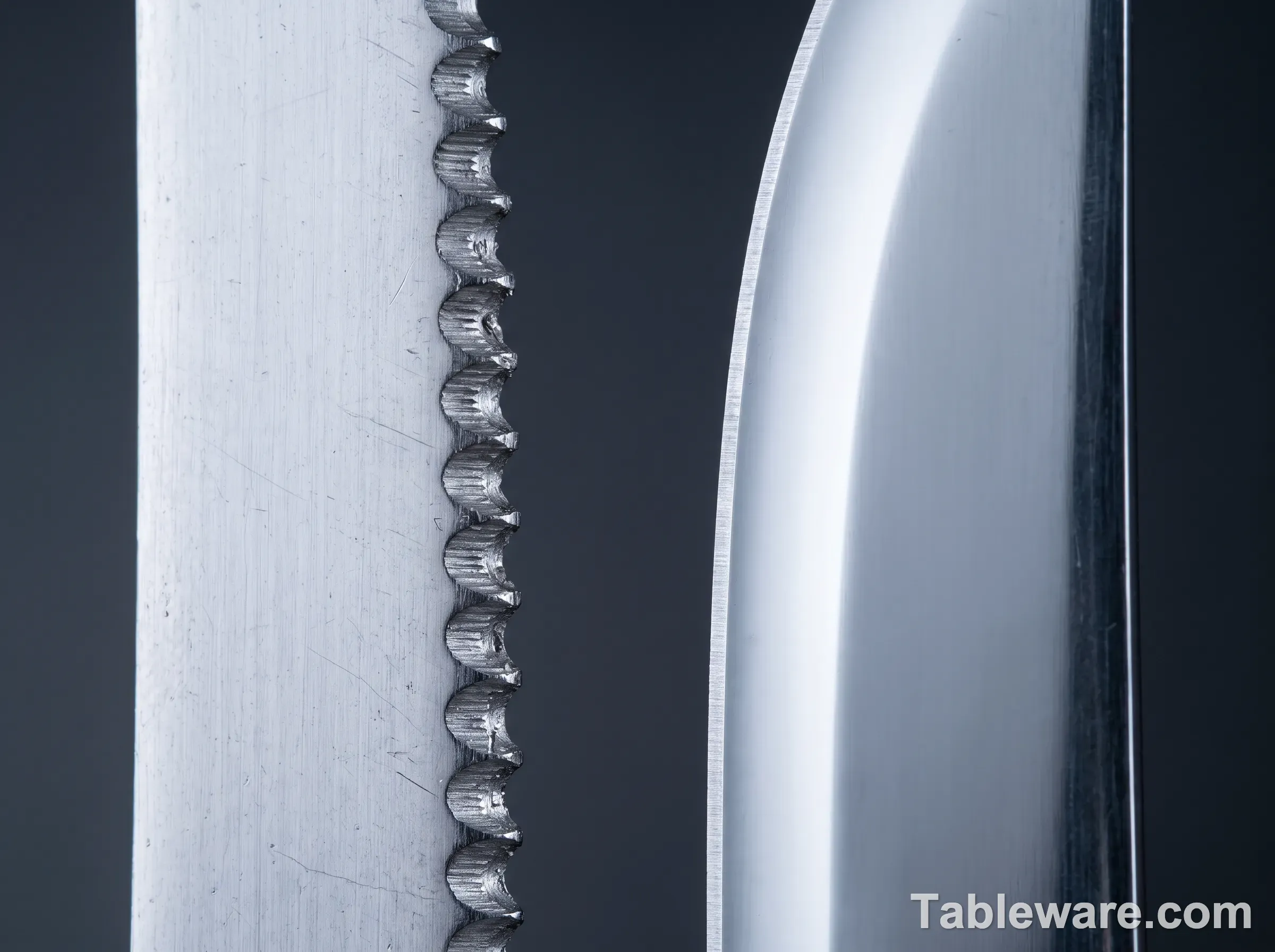Macro comparison of a serrated table knife edge and a hollow-ground dinner knife edge