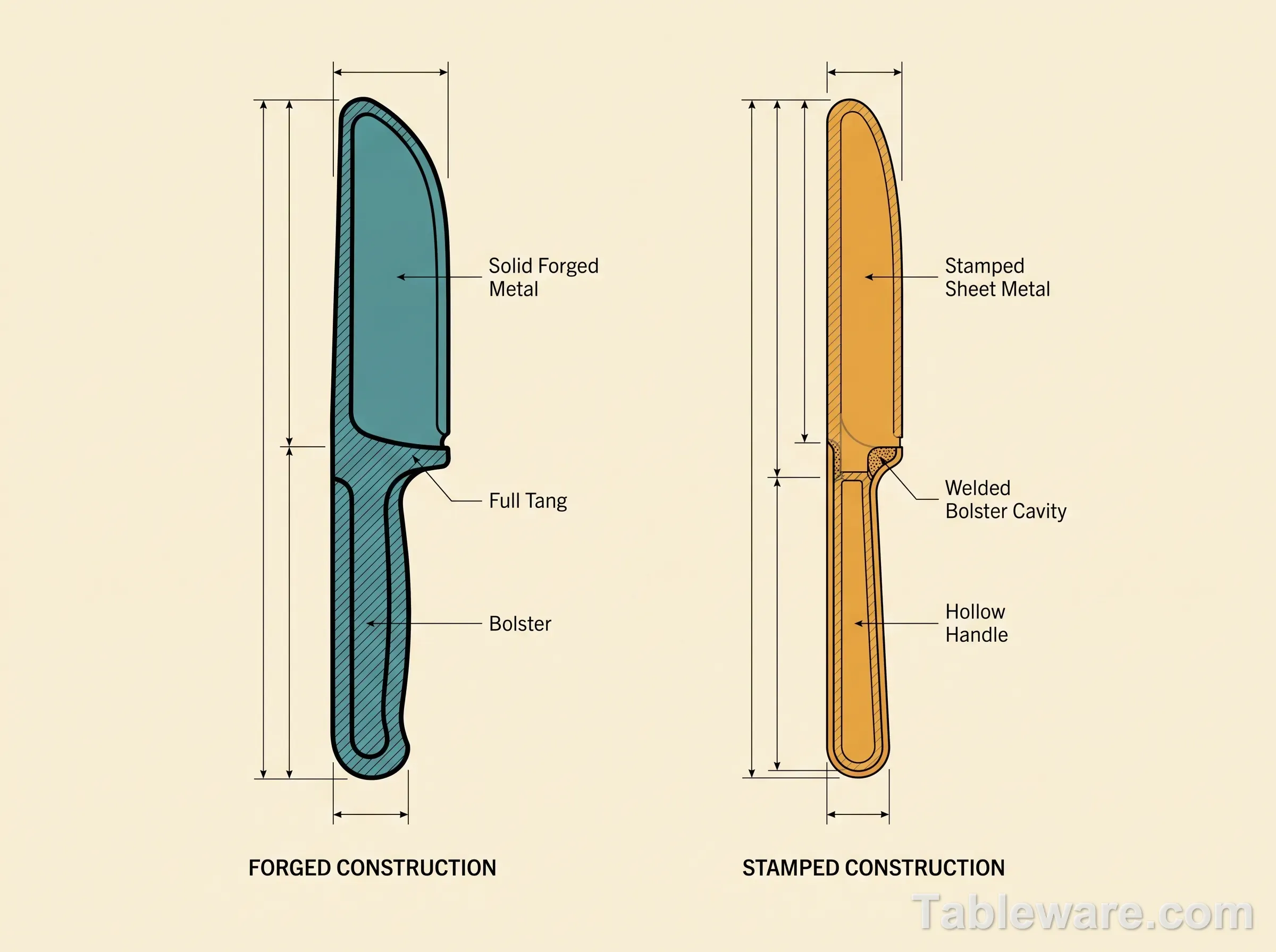 Cross-section diagram comparing forged solid flatware and stamped sheet flatware