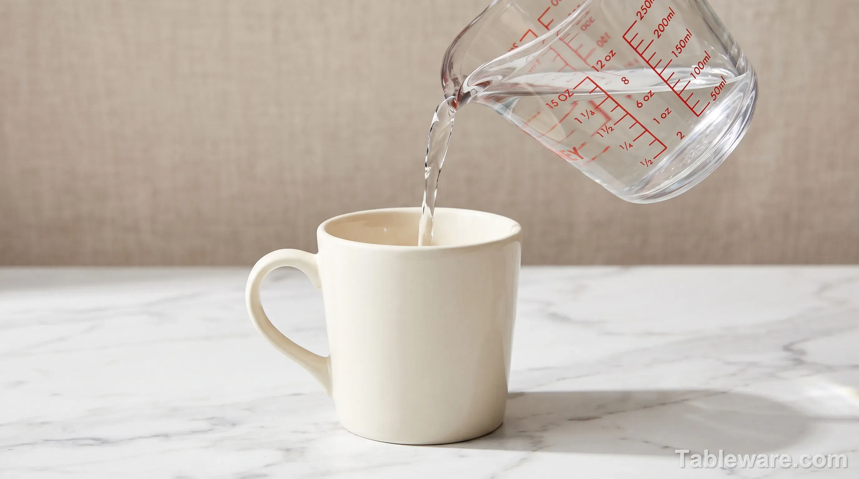 A glass measuring cup pouring water into a cream ceramic mug on white marble, the water level sitting well below the mug rim to show headroom space.
