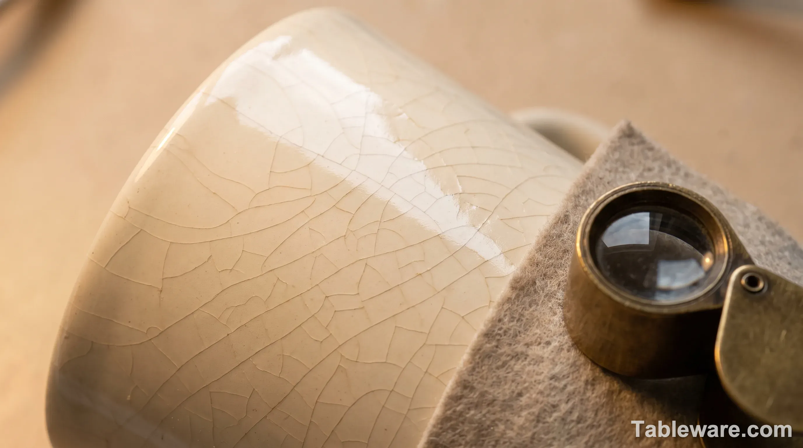 Extreme macro of a glossy cream ceramic mug surface showing fine hairline crack networks in the glaze, with a small jeweler's loupe beside it for scale.