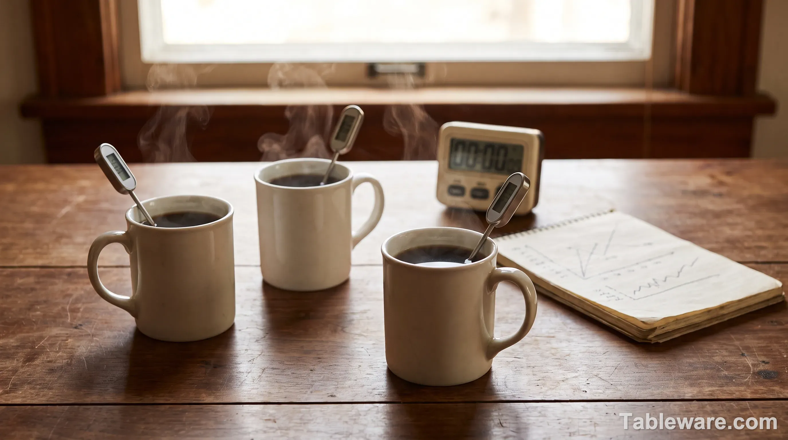 Three mugs of black coffee on a wooden table each with a stainless probe thermometer, with a small timer and notebook with a hand-drawn line graph behind them.